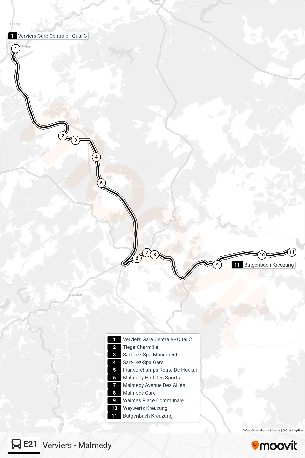 Lijn E21 (bus, Verviers Gare Centrale - Quai C‎→Butgenbach Kreuzung): route en haltes op de kaart