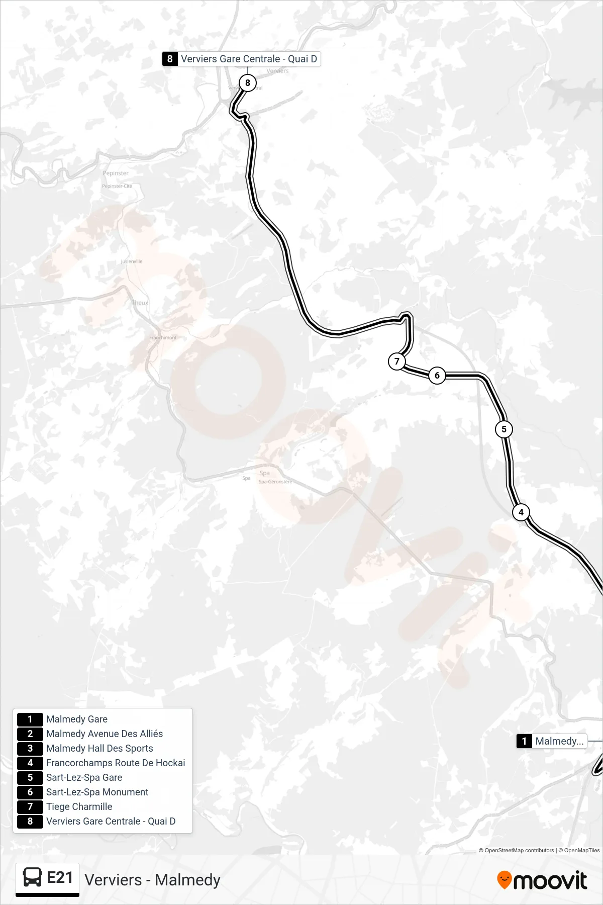 E21 bus Line (Malmedy Station→Verviers Central Station - Platform D) route and stops on a map