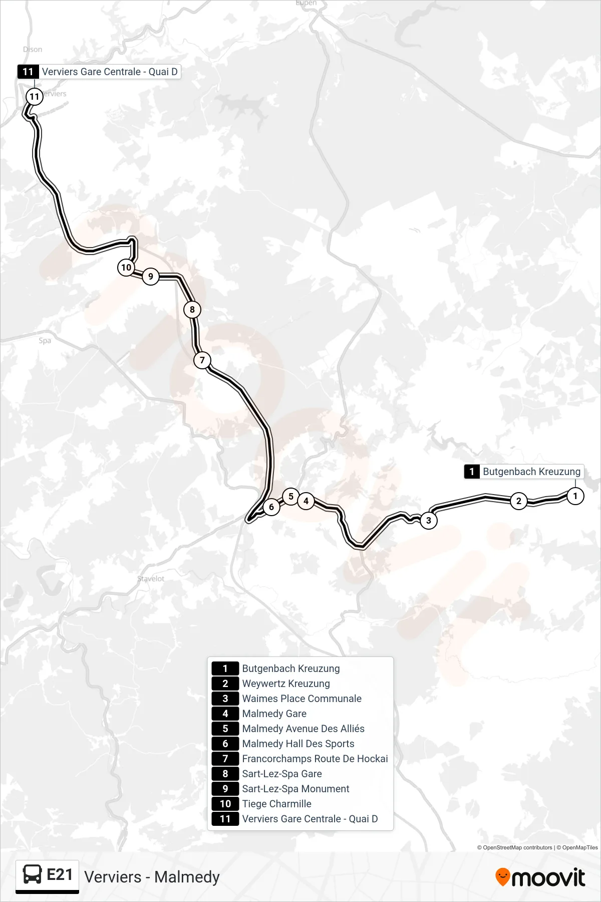 Lijn E21 (bus, Butgenbach Kreuzung→Verviers Gare Centrale - Quai D): route en haltes op de kaart