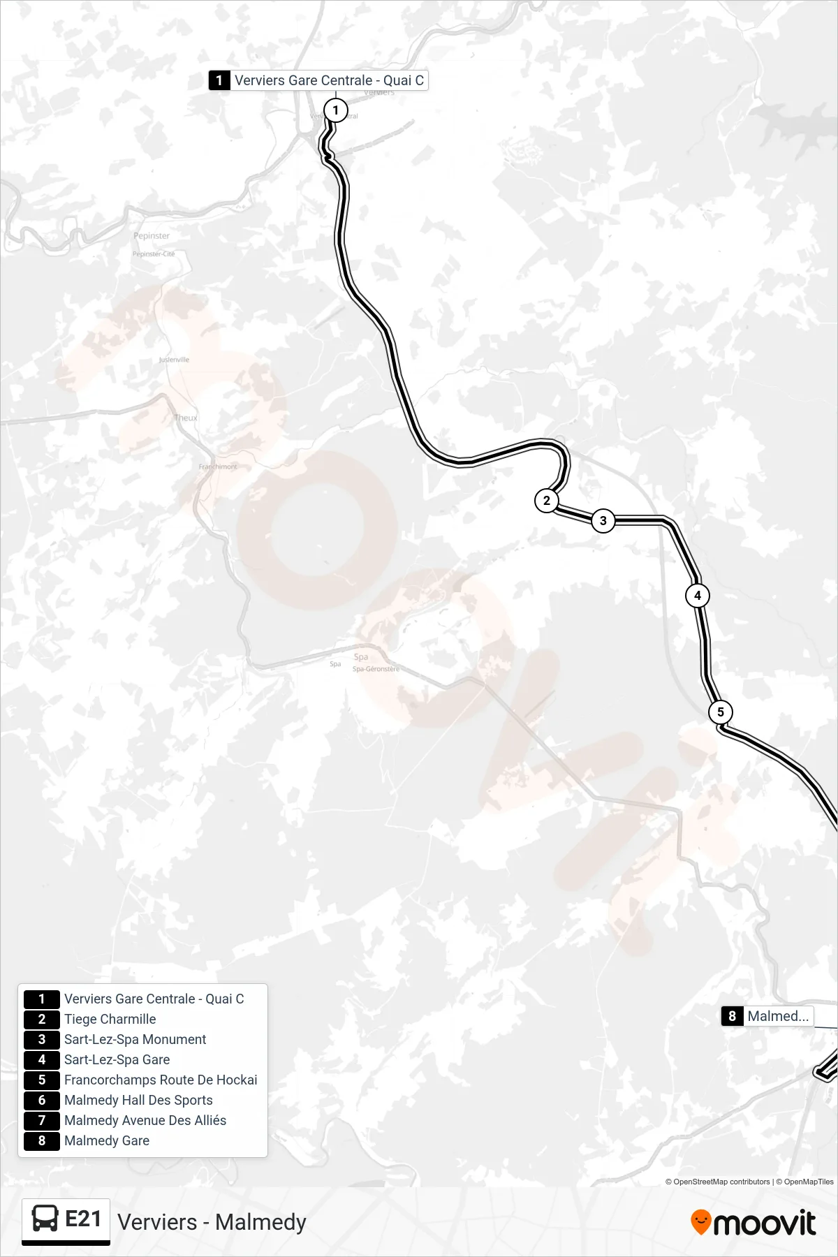 E21 bus Line (Verviers Central Station - Platform C‎→Malmedy Station) route and stops on a map