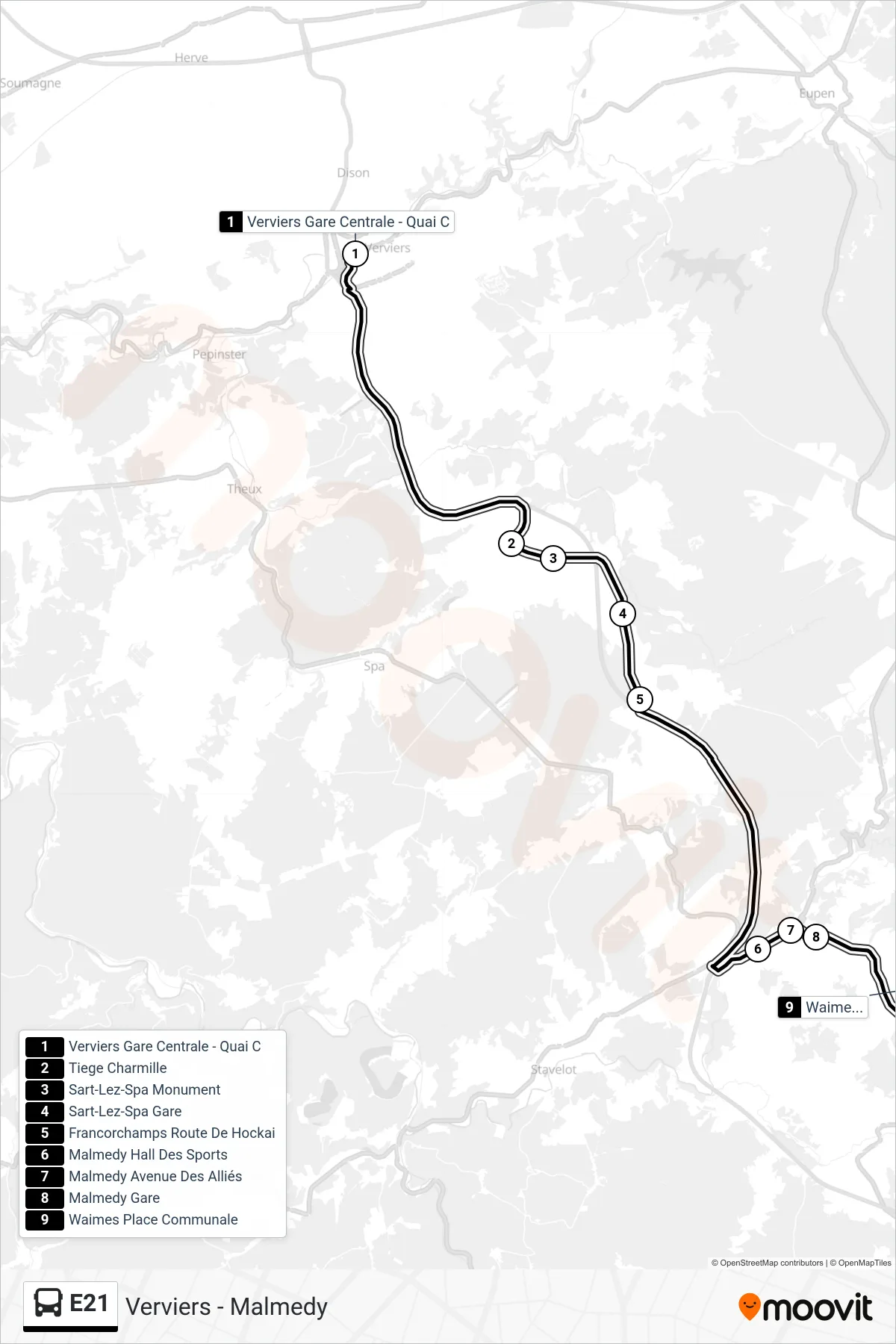 Lijn E21 (bus, Verviers Gare Centrale - Quai C‎→Waimes Place Communale): route en haltes op de kaart