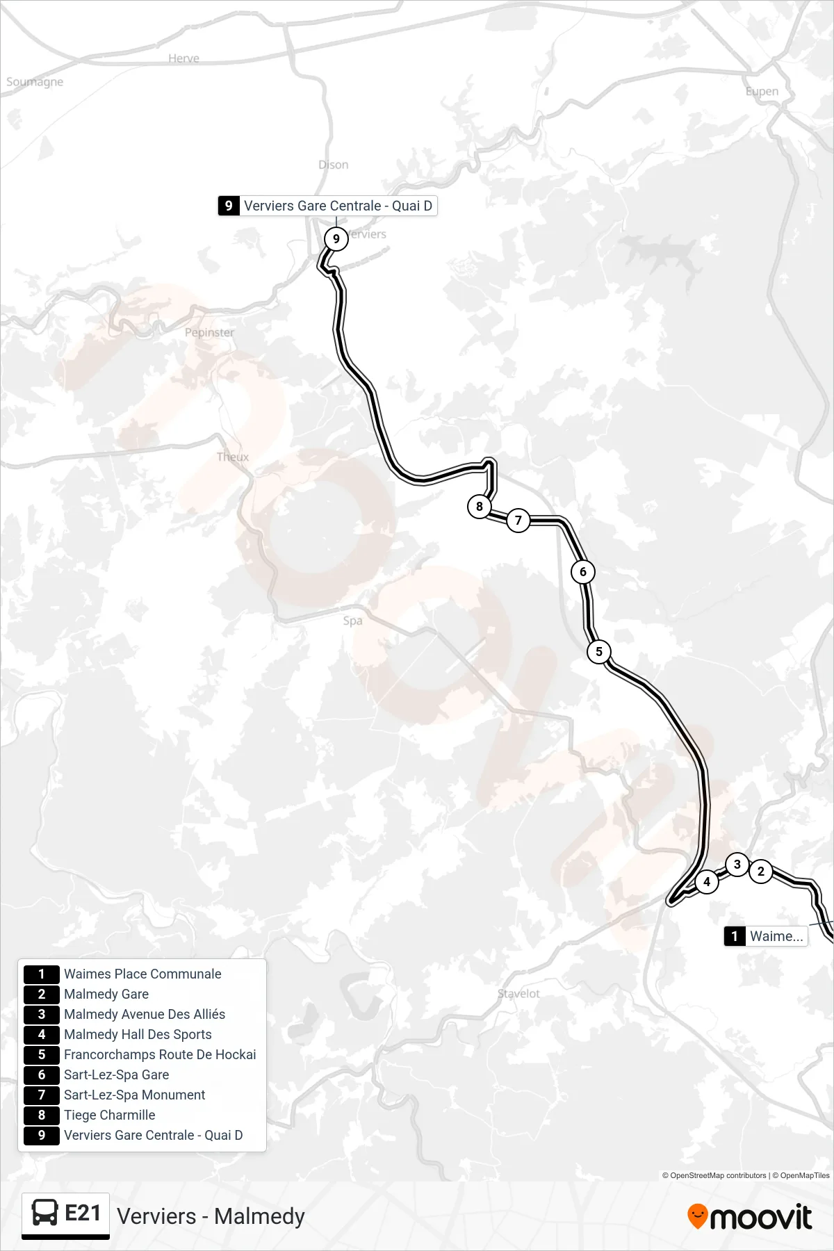 Lijn E21 (bus, Waimes Place Communale→Verviers Gare Centrale - Quai D): route en haltes op de kaart