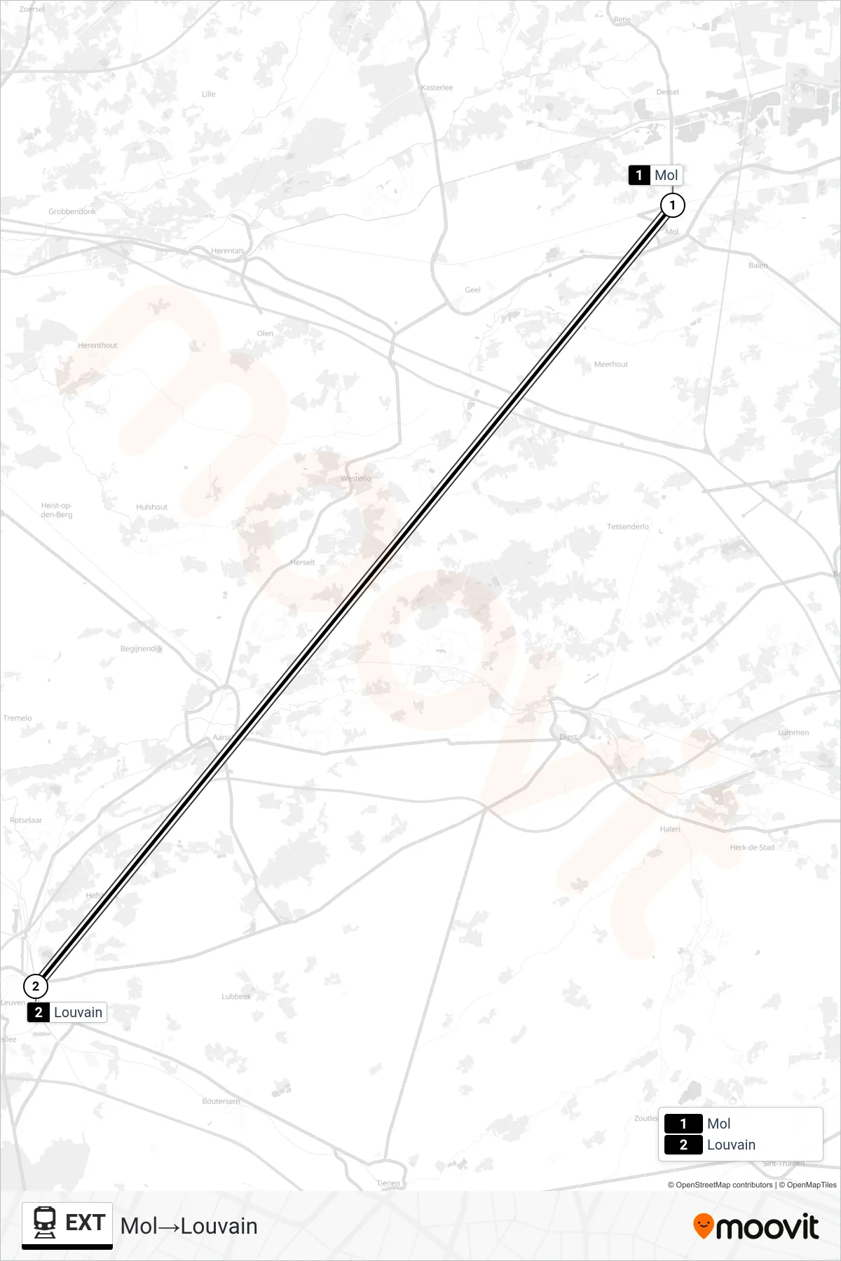 Lijn EXT (trein, Mol→Louvain): route en haltes op de kaart
