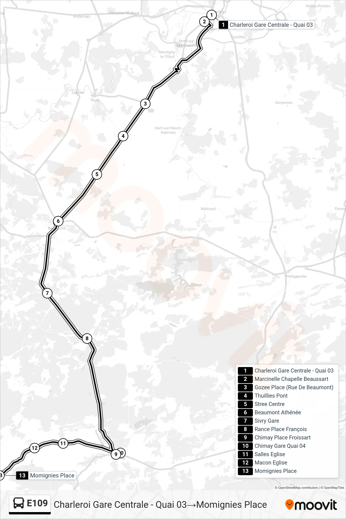 Lijn E109 (bus, Charleroi Gare Centrale - Quai 03→Momignies Place): route en haltes op de kaart