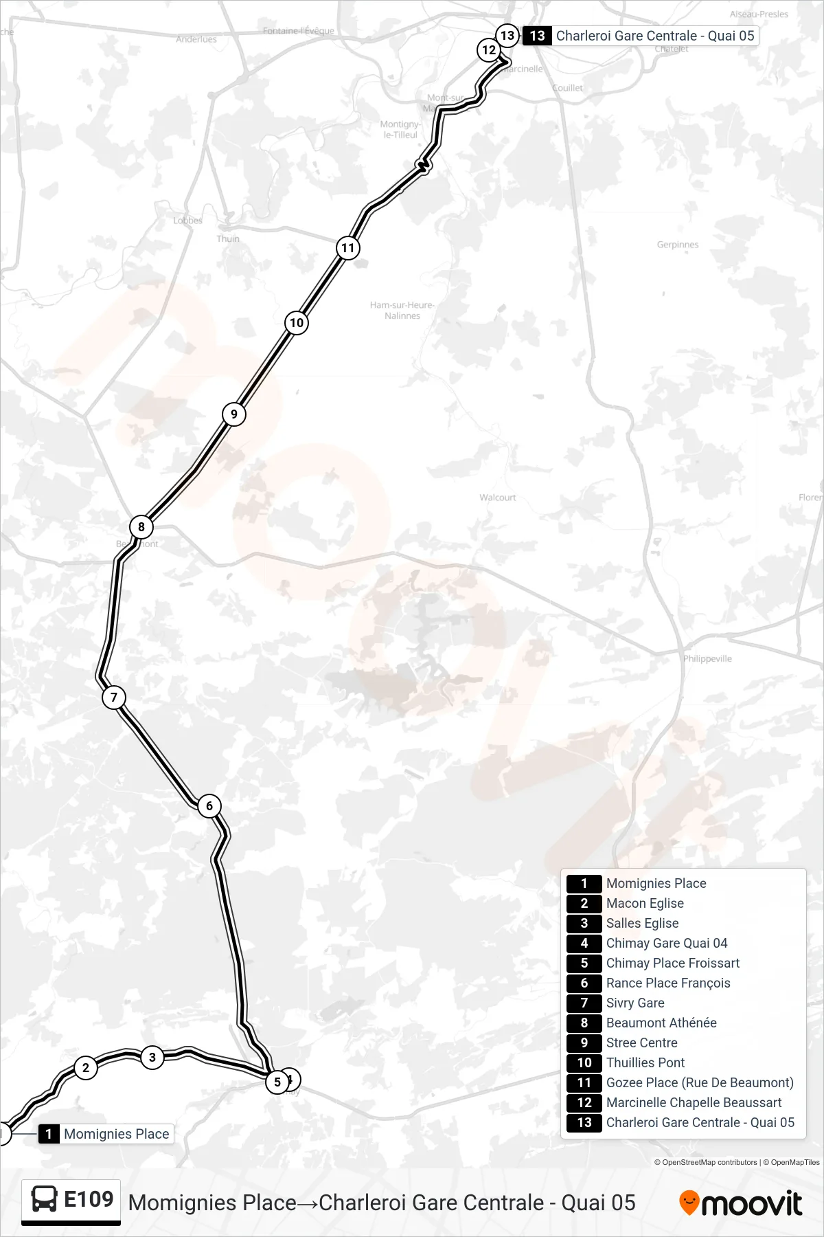 Lijn E109 (bus, Momignies Place→Charleroi Gare Centrale - Quai 05): route en haltes op de kaart