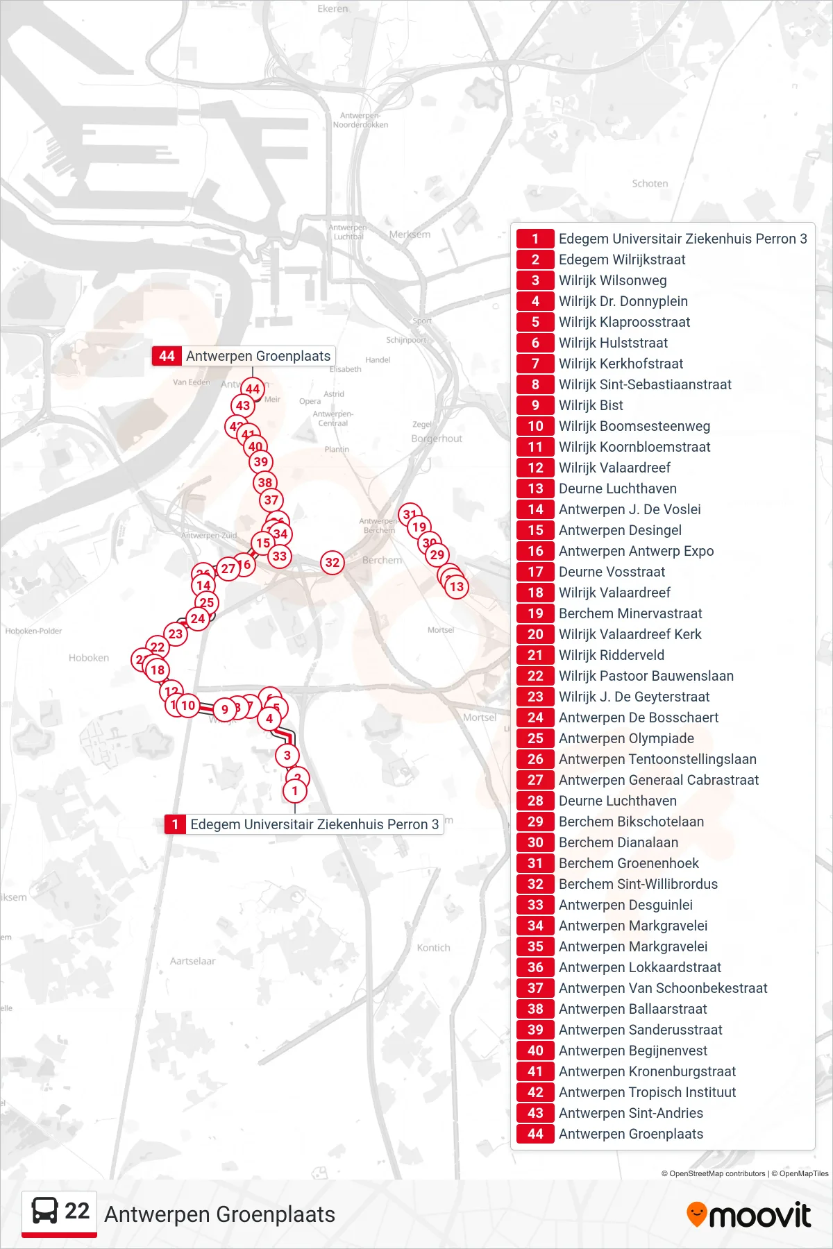 22 bus Line (Antwerp Green Square) route and stops on a map