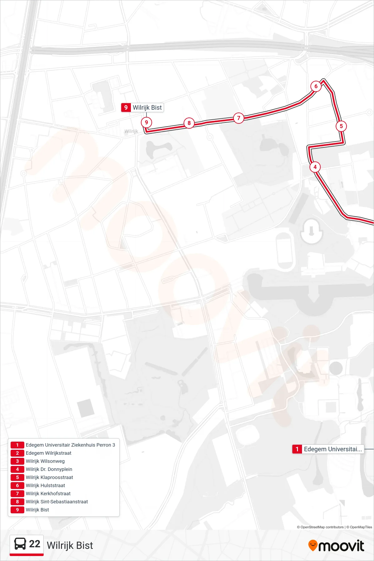 Lijn 22 (bus, Wilrijk Bist): route en haltes op de kaart