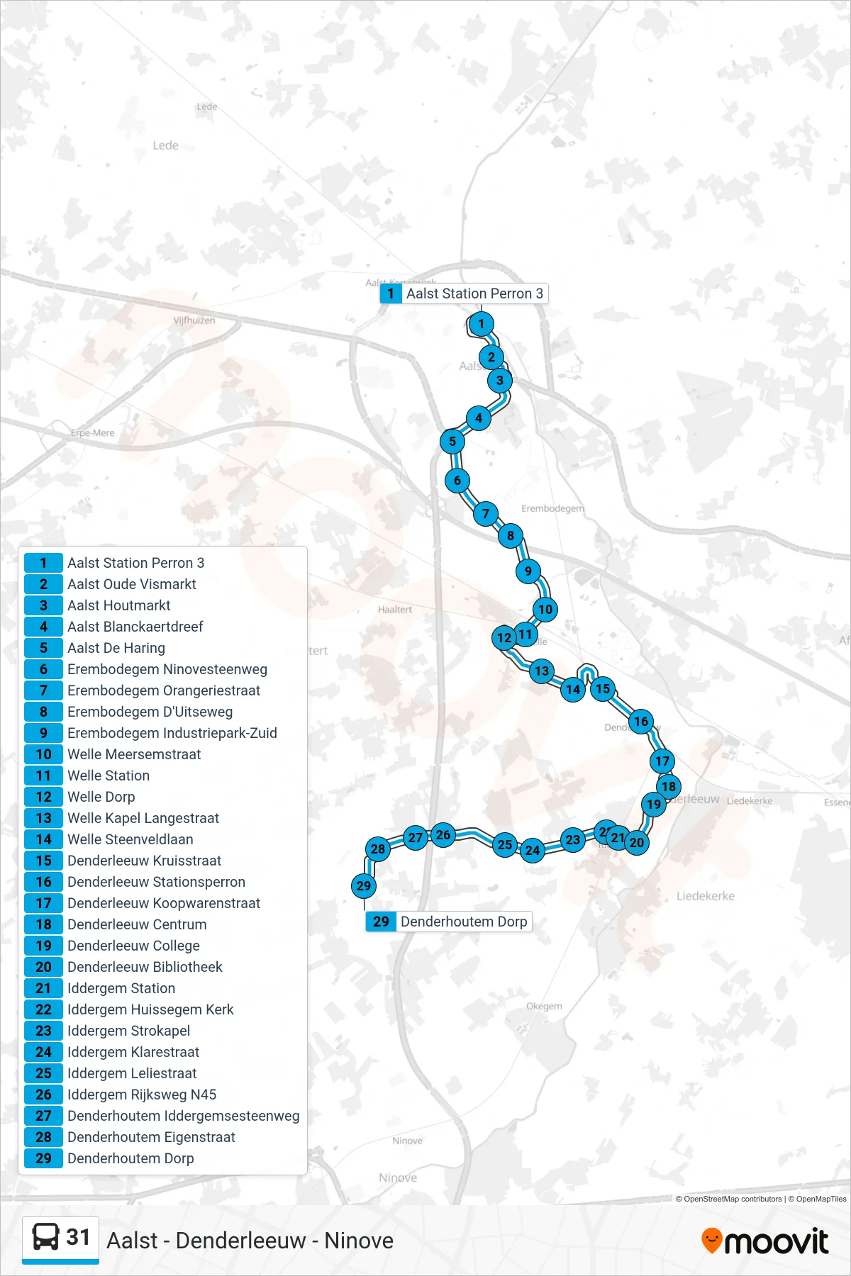 Lijn 31 (bus, Denderhoutem Dorp): route en haltes op de kaart
