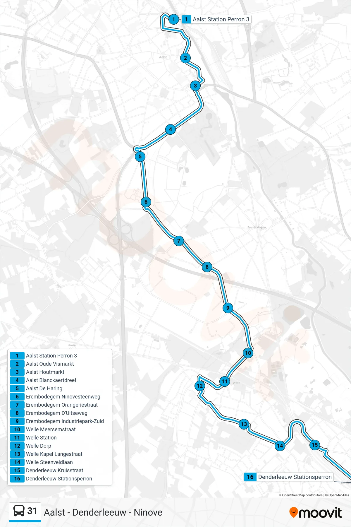 31 bus Line (Denderleeuw Station Platform) route and stops on a map
