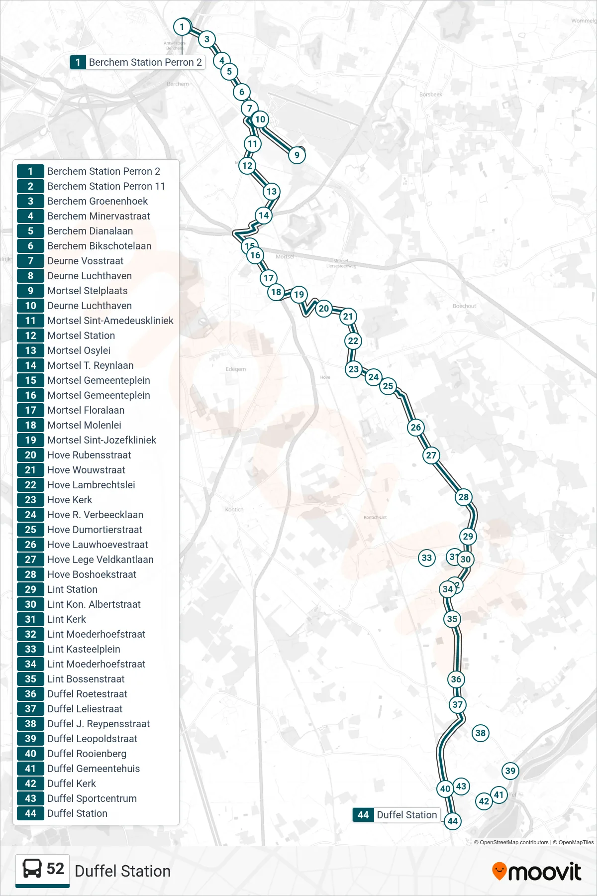 Lijn 52 (bus, Duffel Station): route en haltes op de kaart