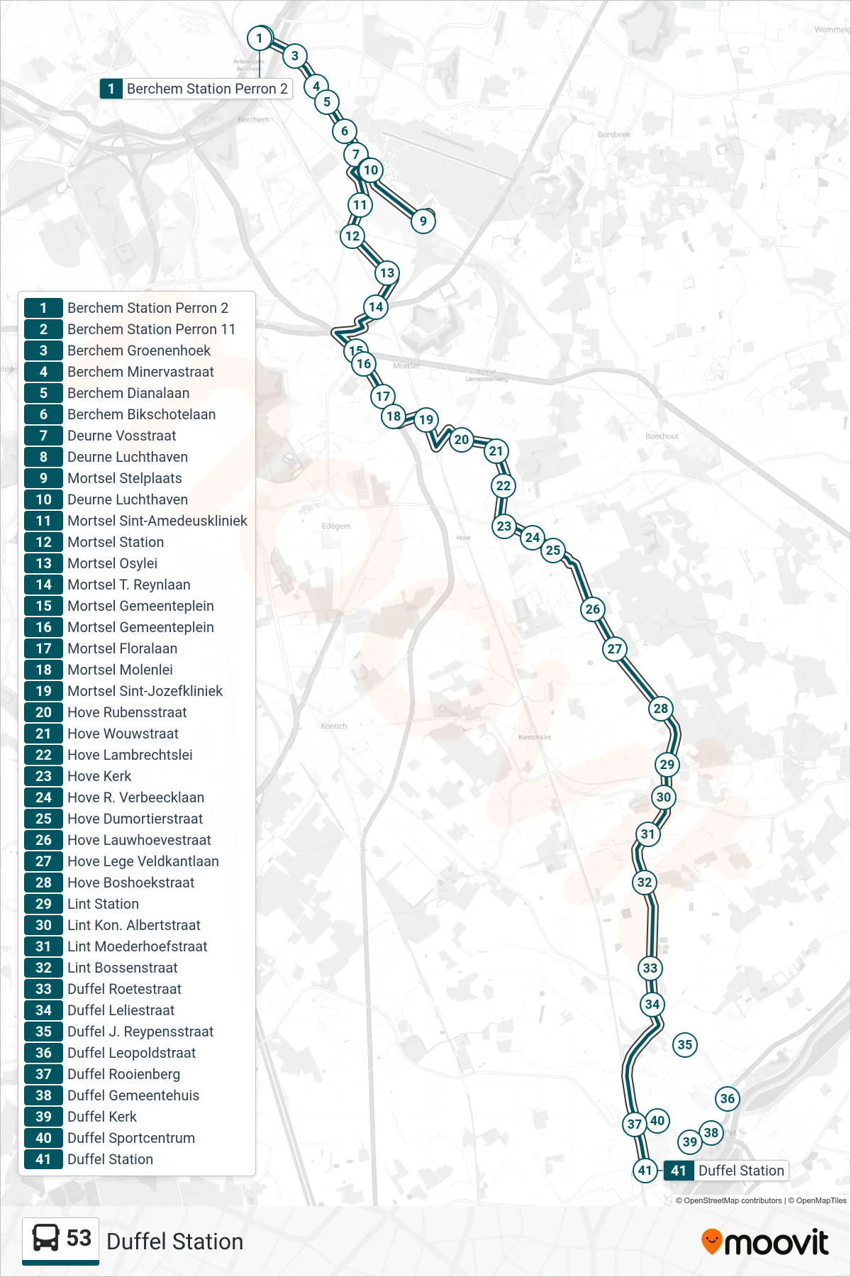 Lijn 53 (bus, Duffel Station): route en haltes op de kaart