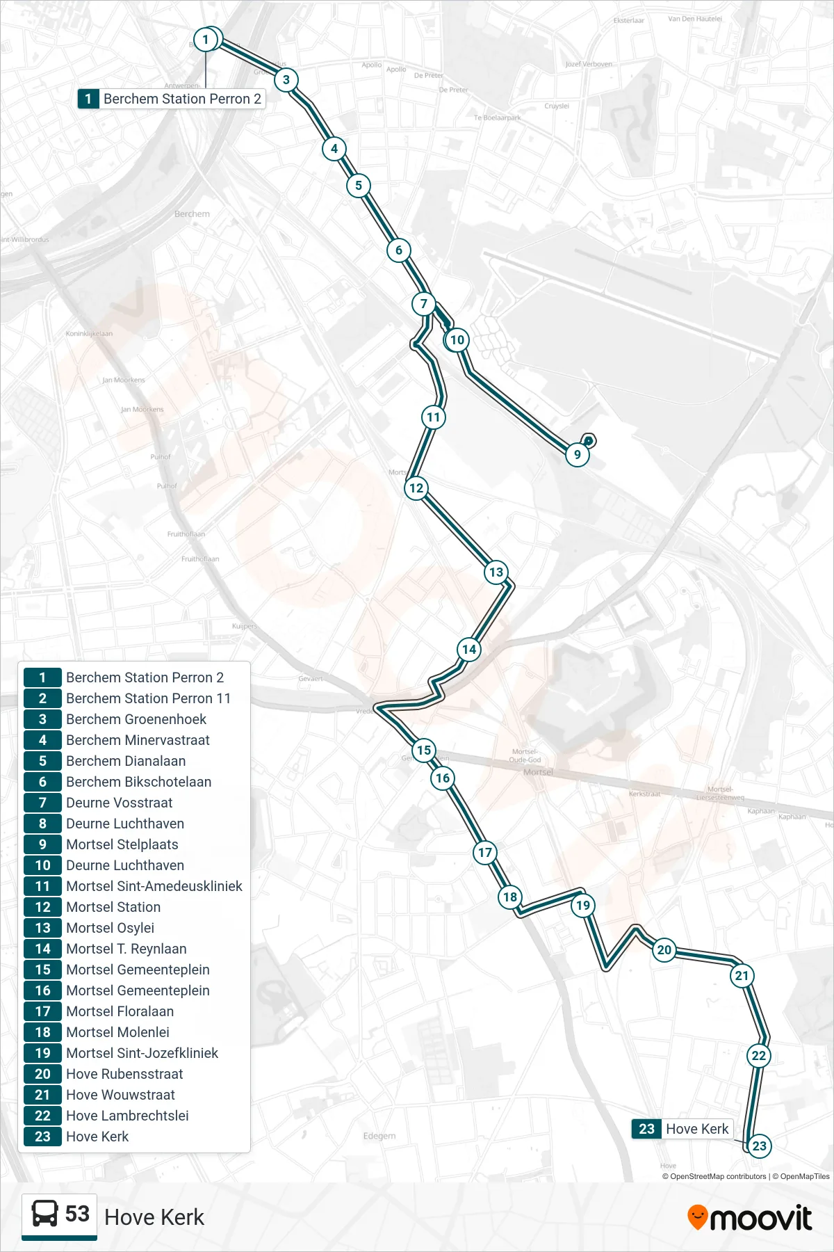 53 bus Line (Hove Church) route and stops on a map