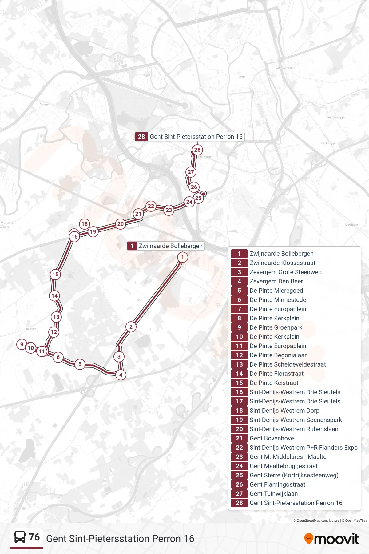 76 bus Line (Ghent St Peters Station Platform 16) route and stops on a map