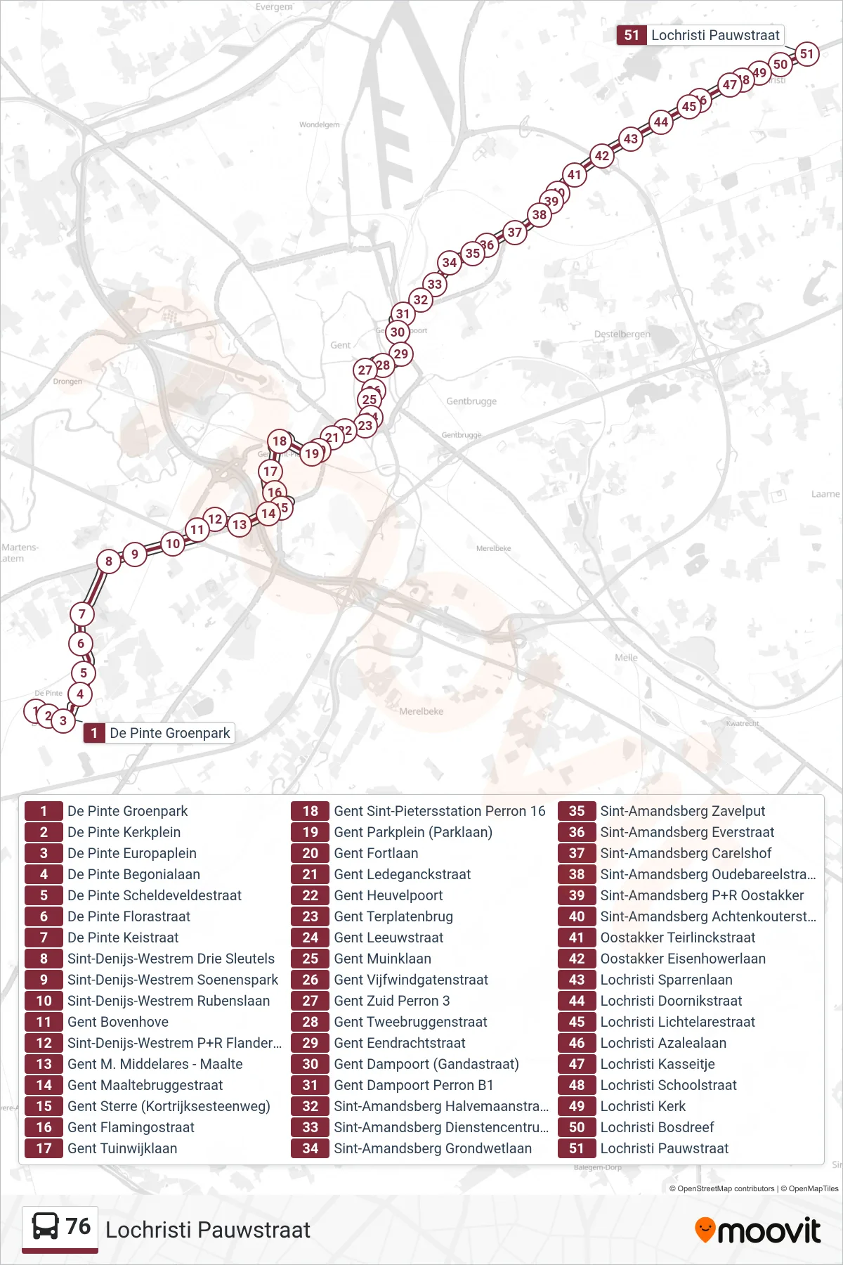 Lijn 76 (bus, Lochristi Pauwstraat): route en haltes op de kaart
