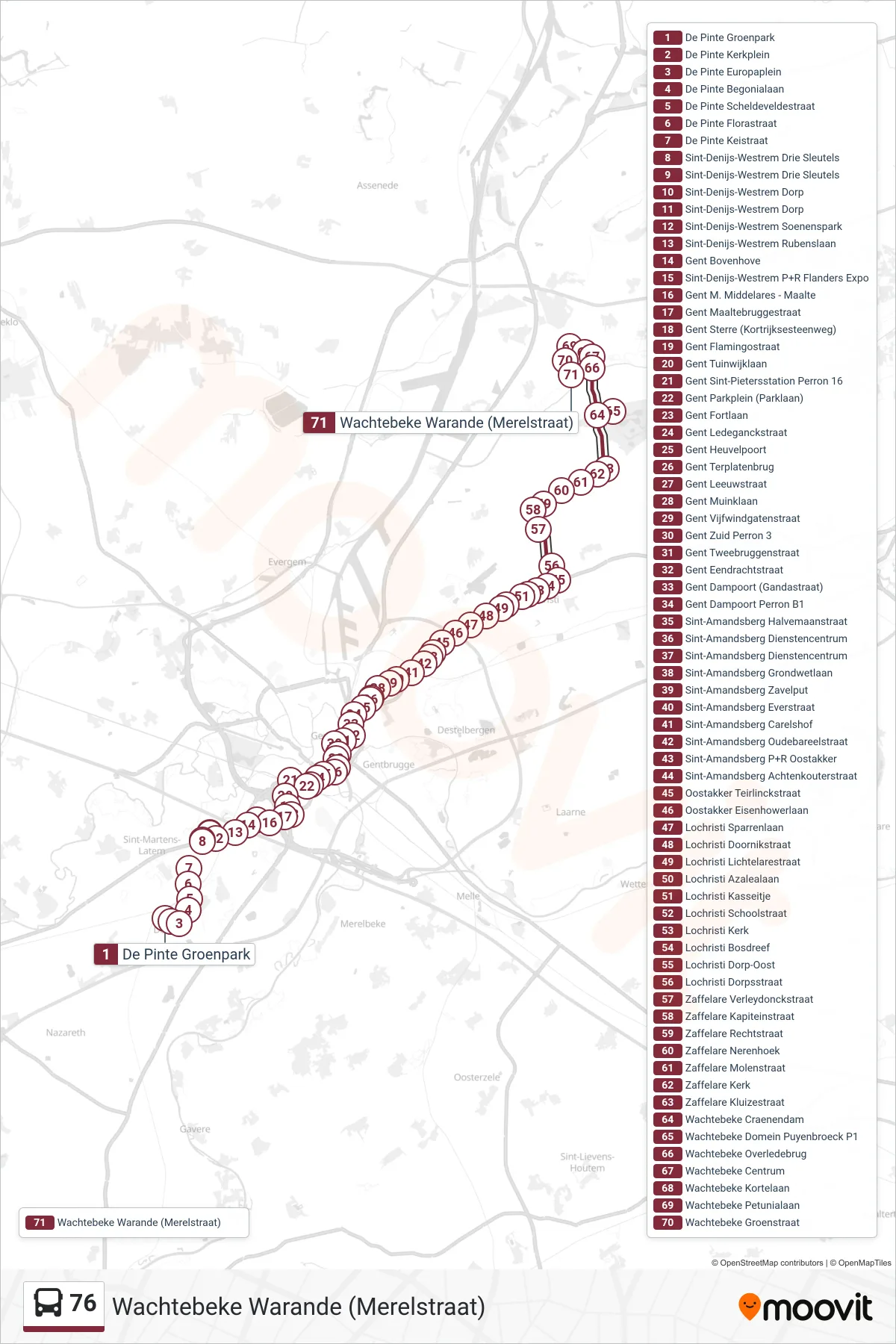76 bus Line (Wachtebeke Warande (Merel Street)) route and stops on a map