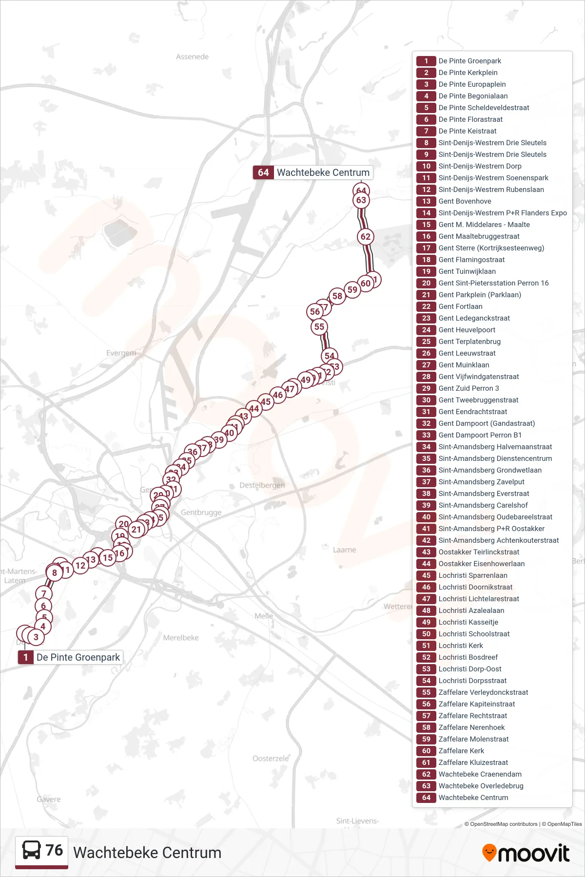 Lijn 76 (bus, Wachtebeke Centrum): route en haltes op de kaart