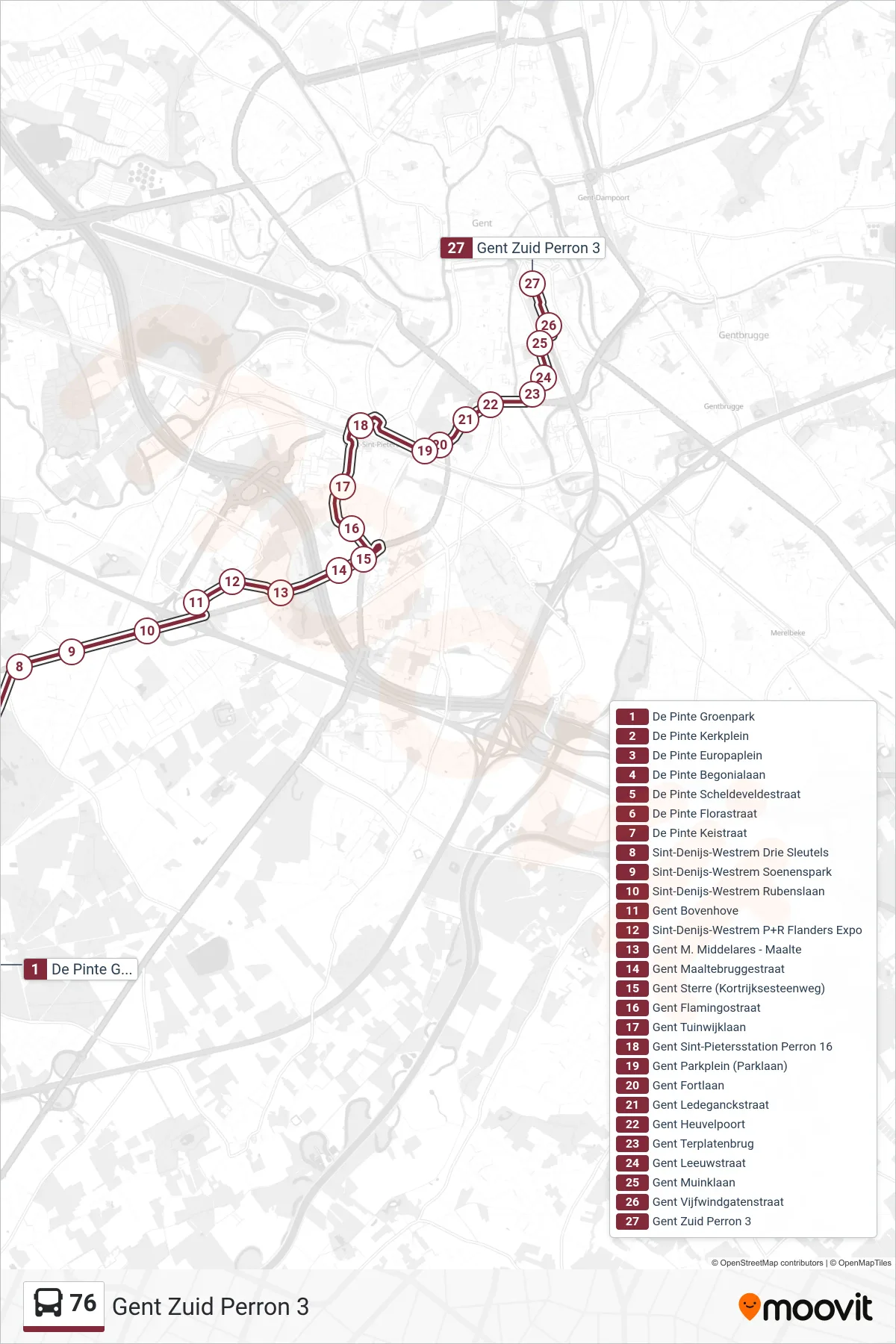 Lijn 76 (bus, Gent Zuid Perron 3): route en haltes op de kaart