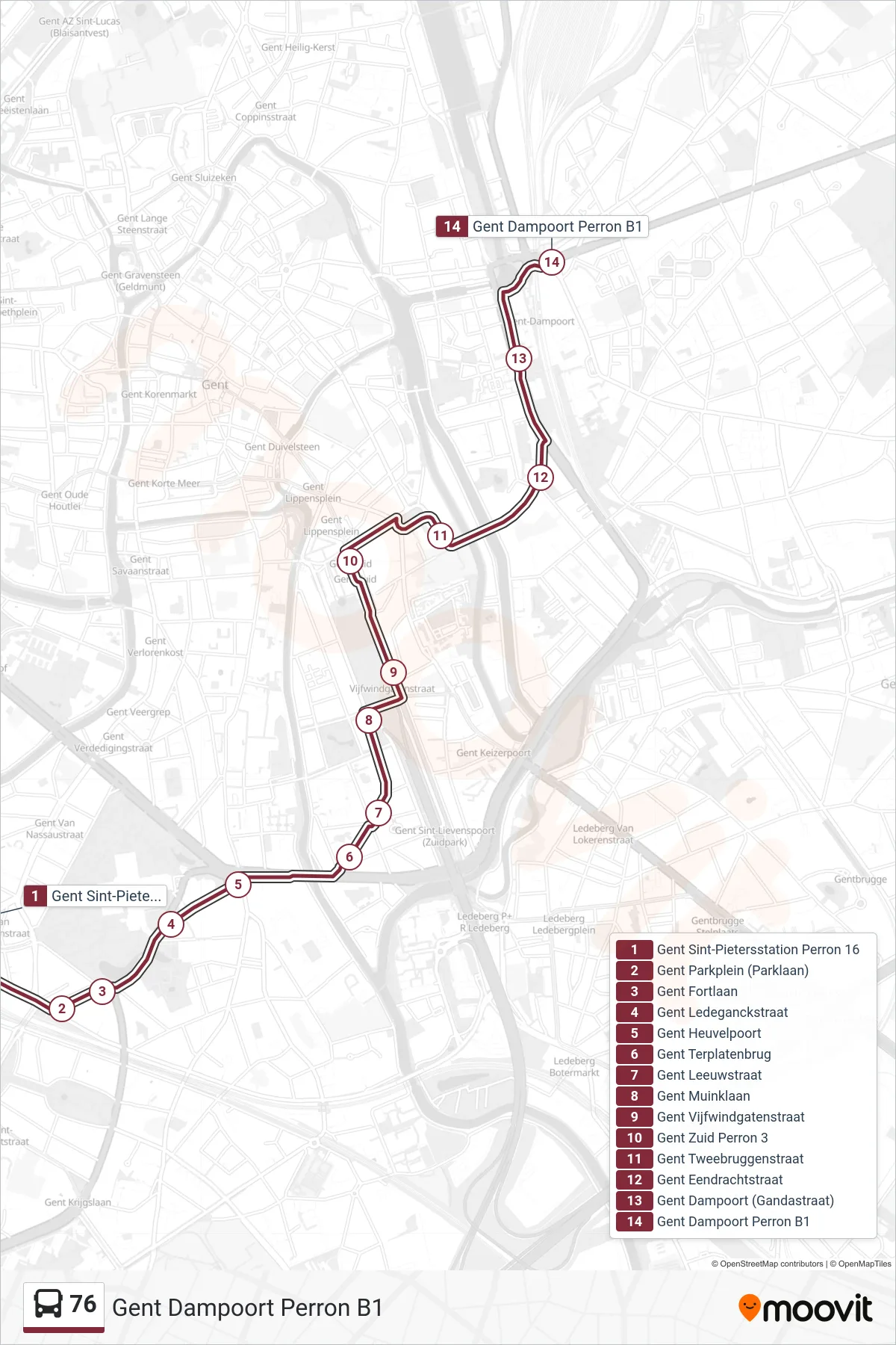 Lijn 76 (bus, Gent Dampoort Perron B1): route en haltes op de kaart