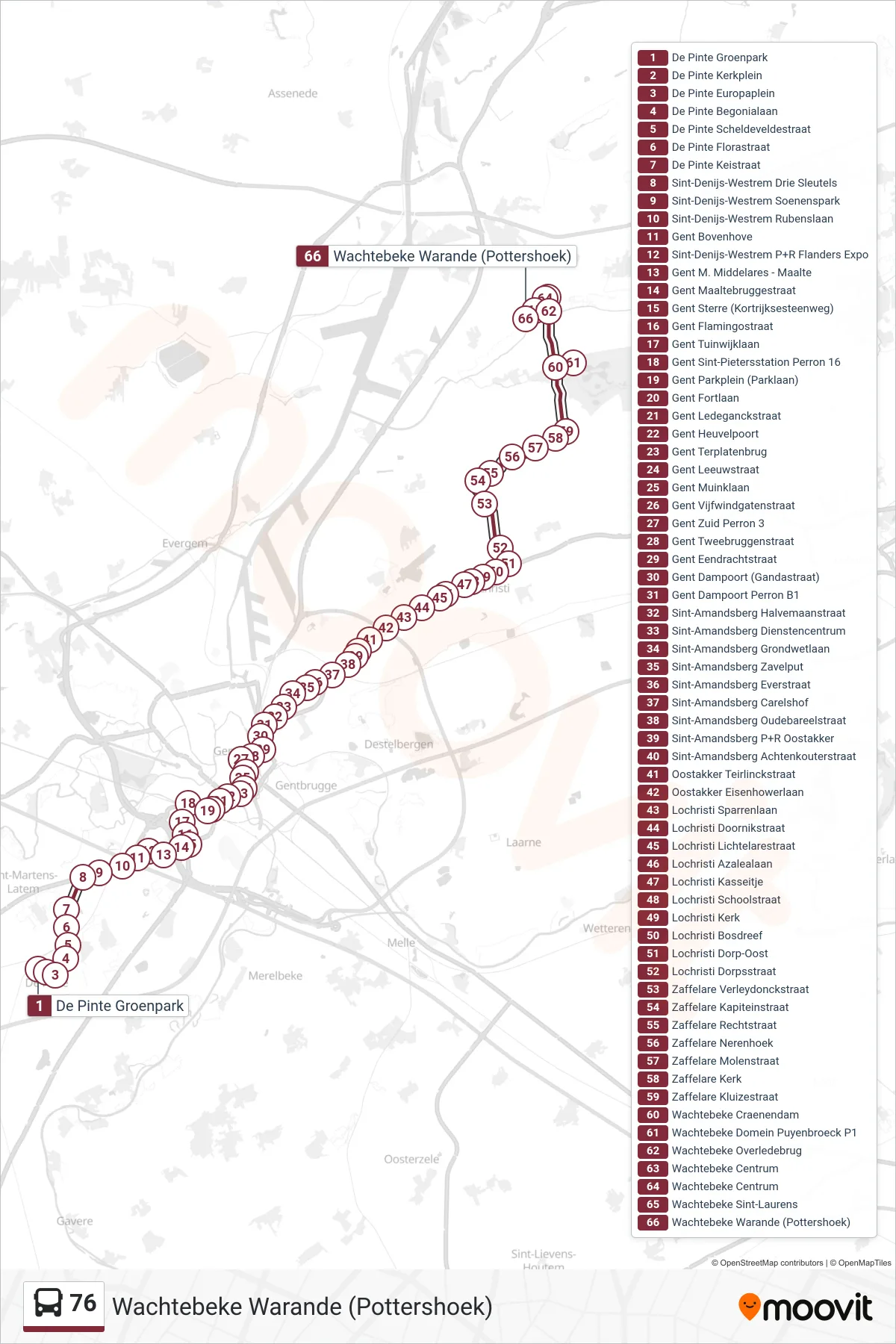 76 bus Line (Wachtebeke Warande (Pottershoek)) route and stops on a map