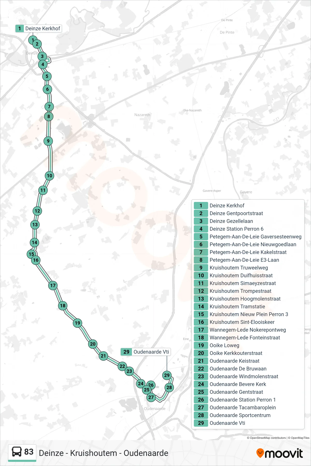 83 bus Line (Oudenaarde Vti) route and stops on a map