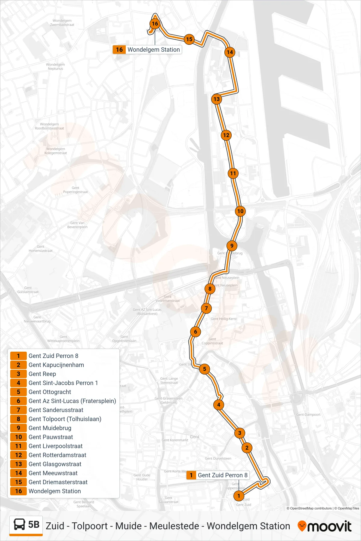 Lijn 5B (bus, Wondelgem Station): route en haltes op de kaart