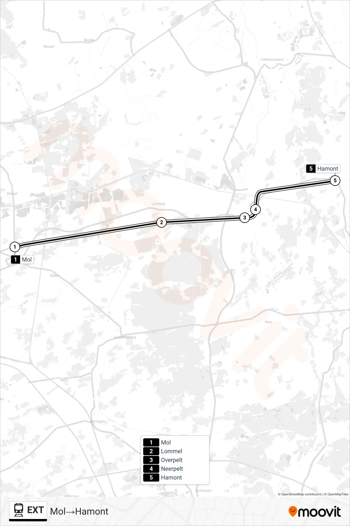 Lijn EXT (trein, Mol→Hamont): route en haltes op de kaart