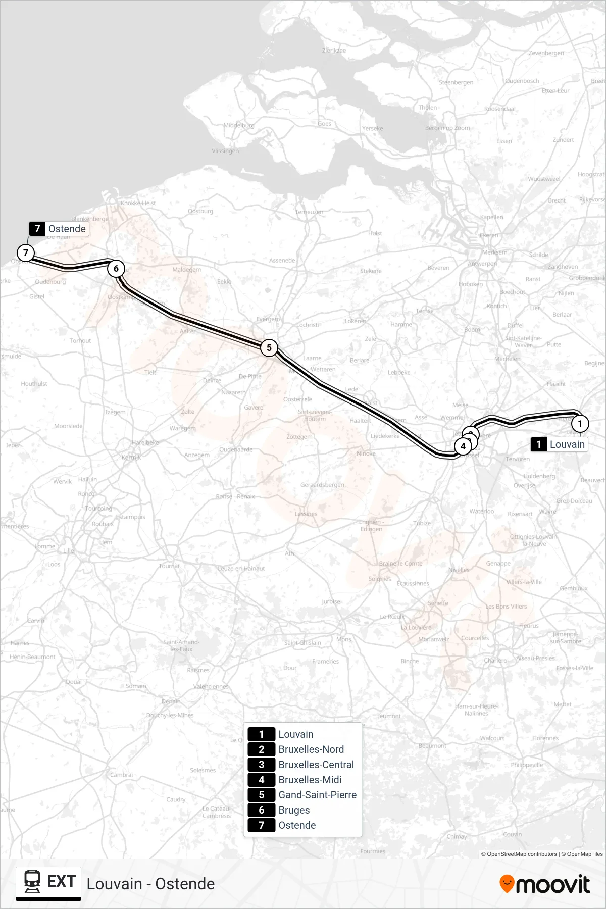 EXT rail Line (Leuven‎→Ostend) route and stops on a map