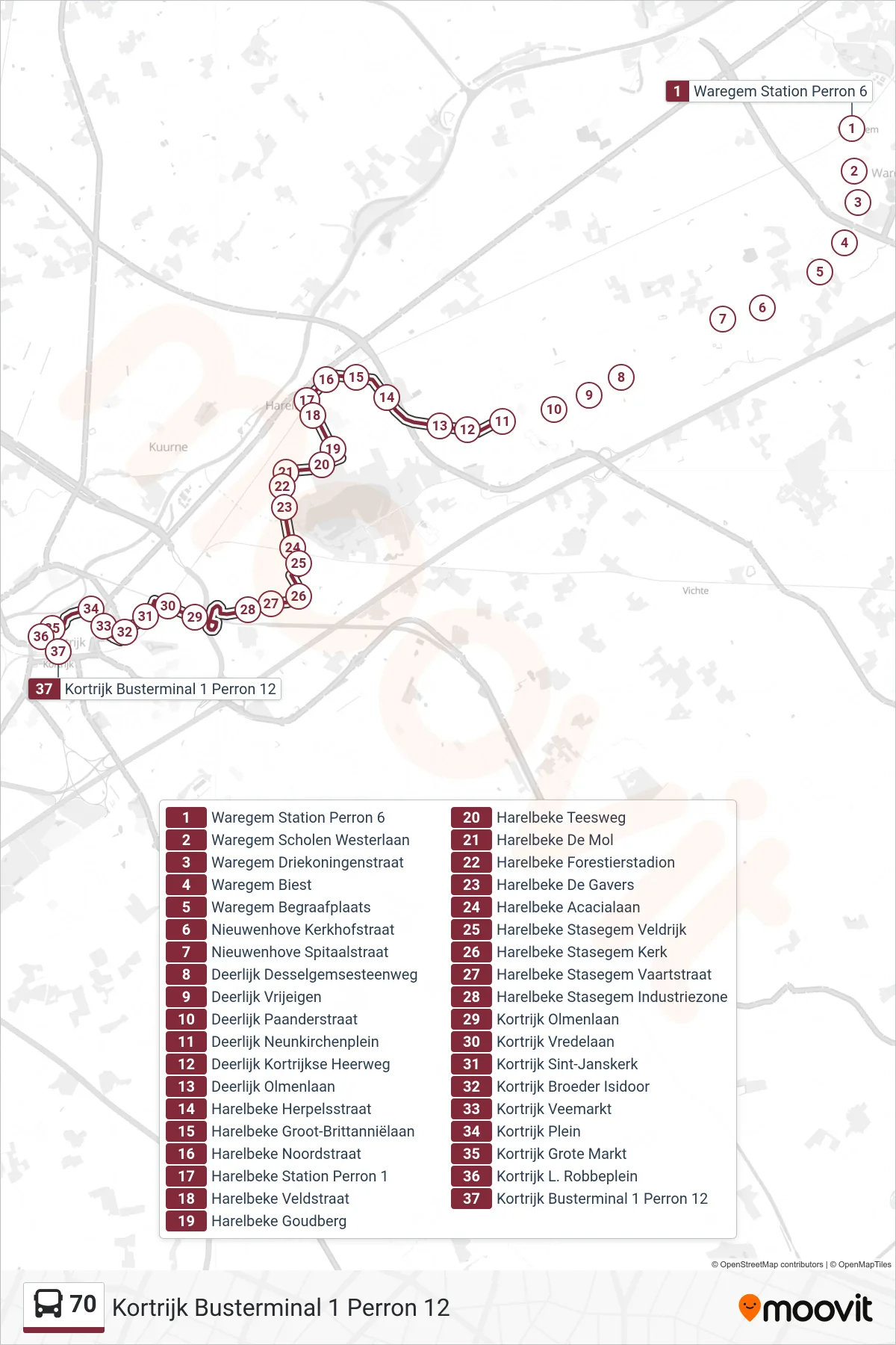 Lijn 70 (bus, Kortrijk Busterminal 1 Perron 12): route en haltes op de kaart
