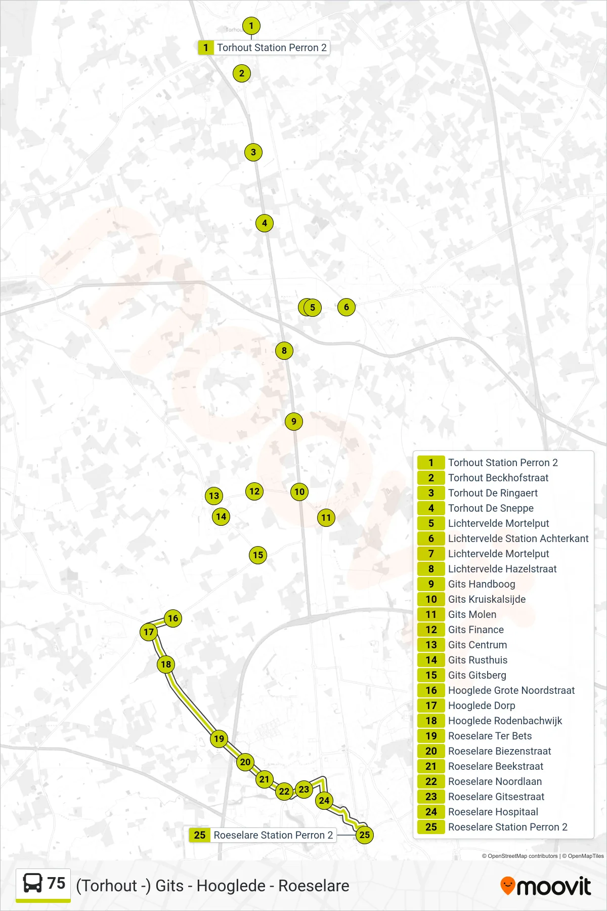 Lijn 75 (bus, Roeselare Station Perron 2): route en haltes op de kaart