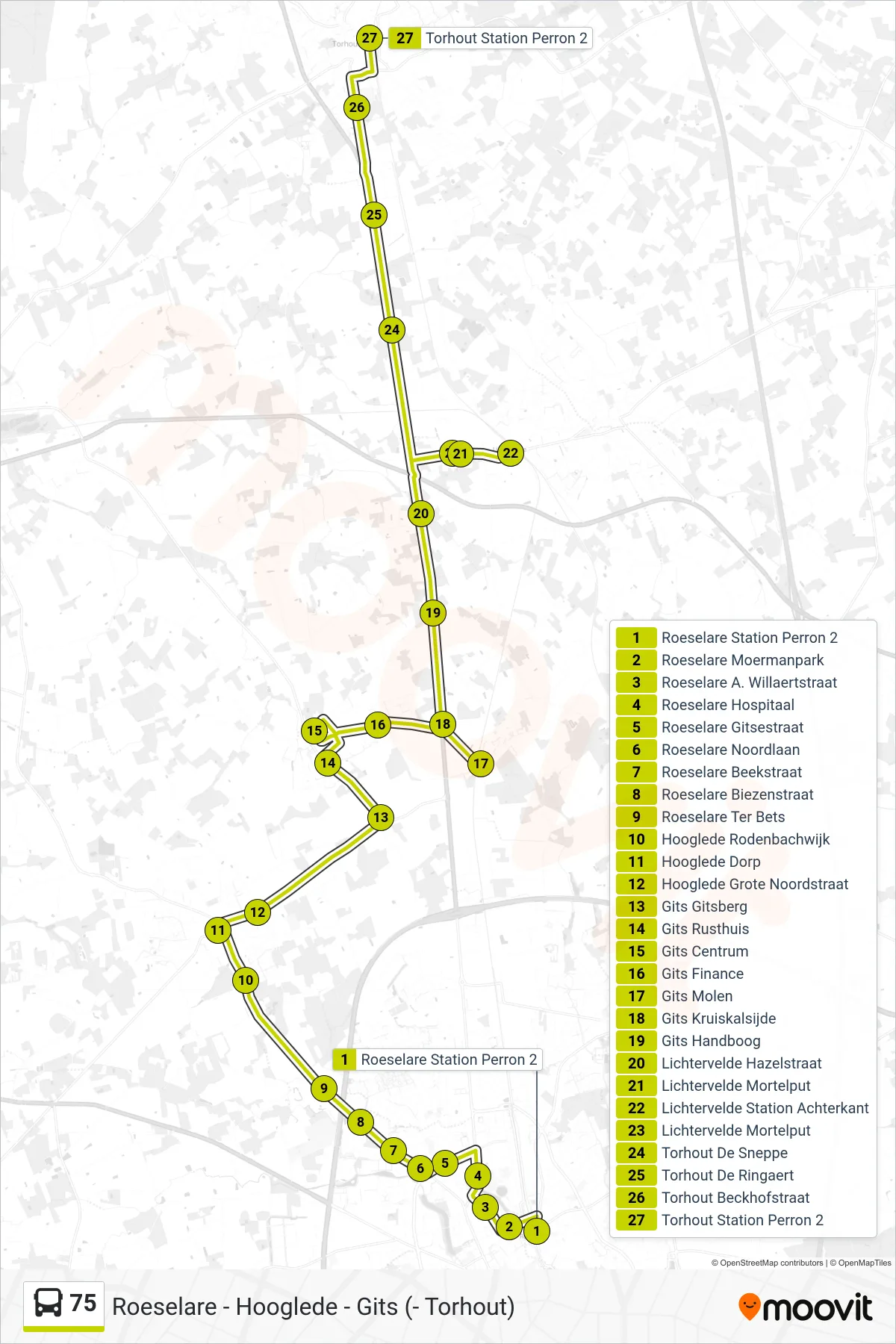 Lijn 75 (bus, Torhout Station Perron 2): route en haltes op de kaart