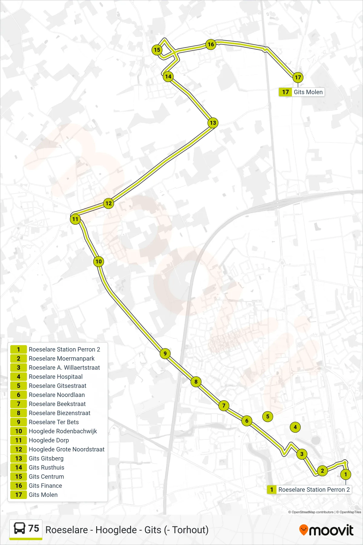 75 bus Line (Gits Mill) route and stops on a map