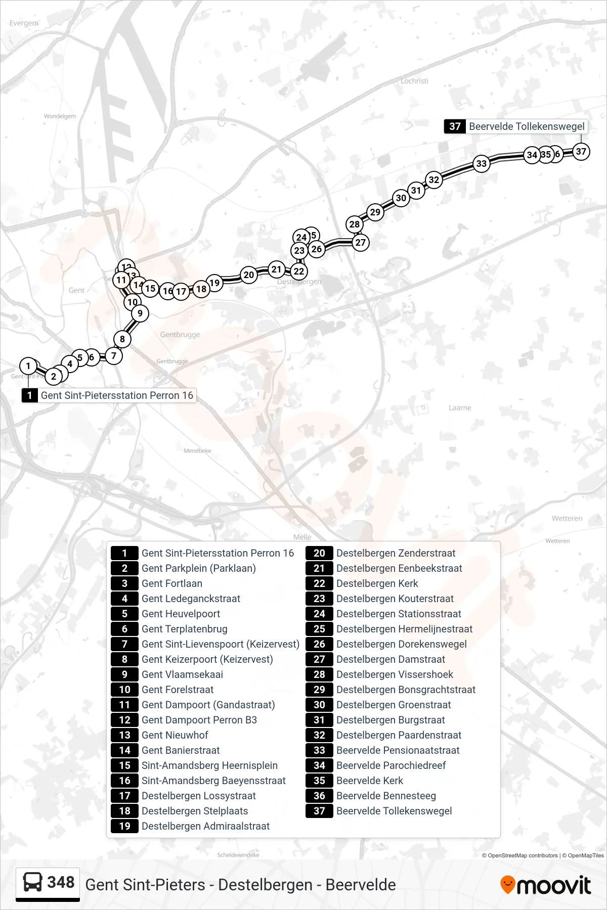 Lijn 348 (bus, Beervelde Tollekenswegel): route en haltes op de kaart