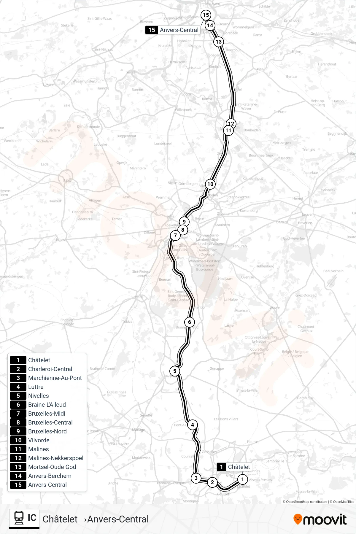 IC train Line (Châtelet→Antwerp Central) route and stops on a map