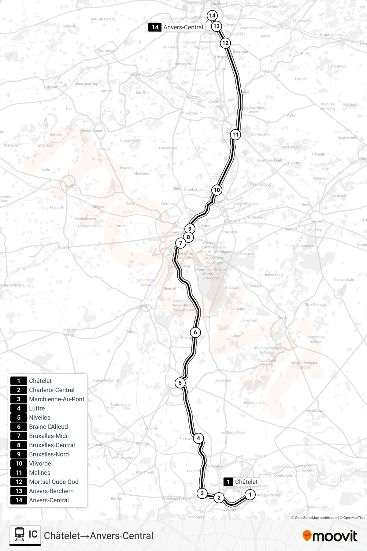 Lijn IC (trein, Châtelet‎→Anvers-Central): route en haltes op de kaart