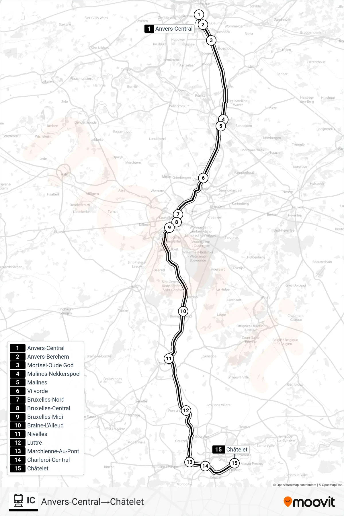 Lijn IC (trein, Anvers-Central→Châtelet): route en haltes op de kaart
