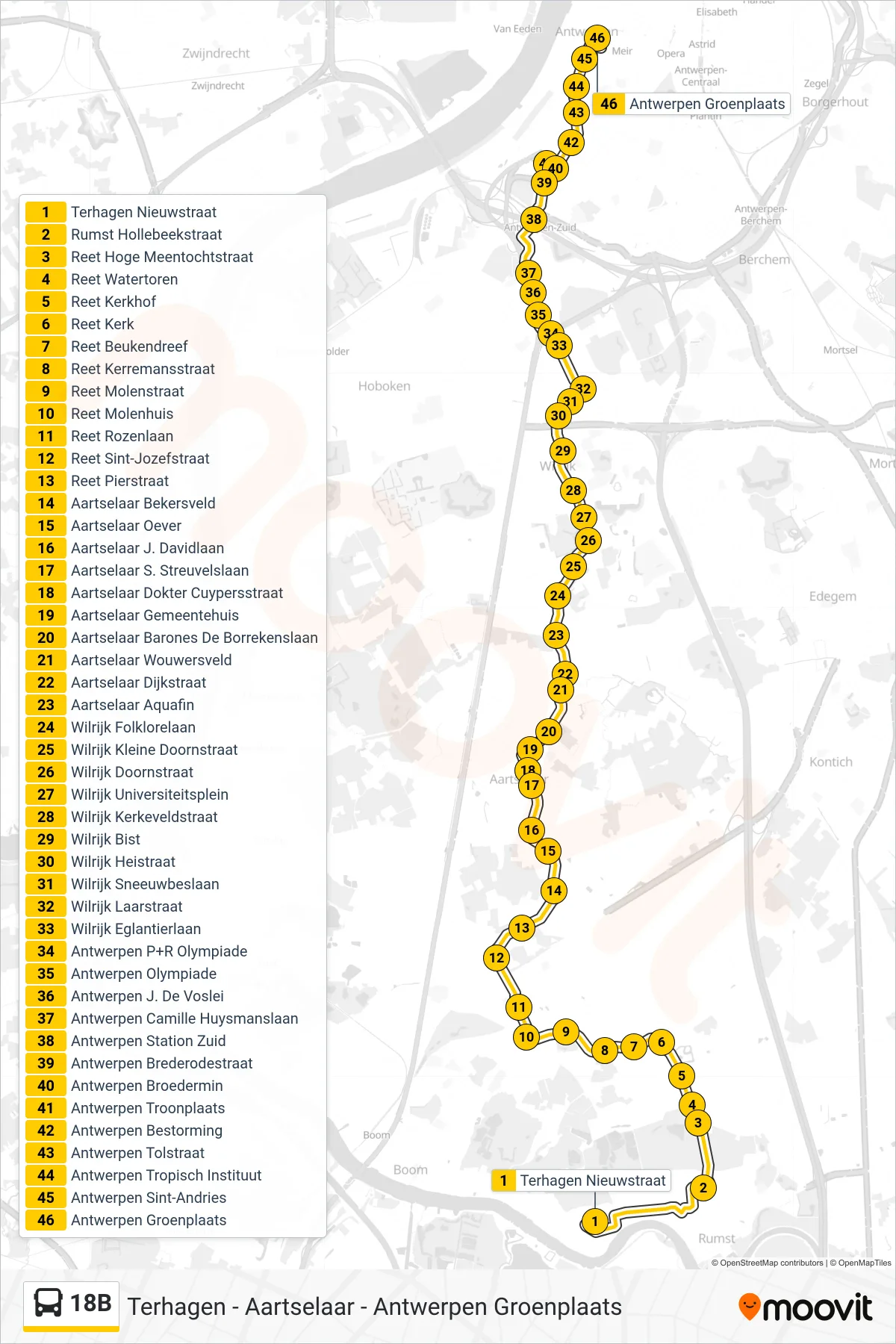 Lijn 18B (bus, Antwerpen Groenplaats): route en haltes op de kaart