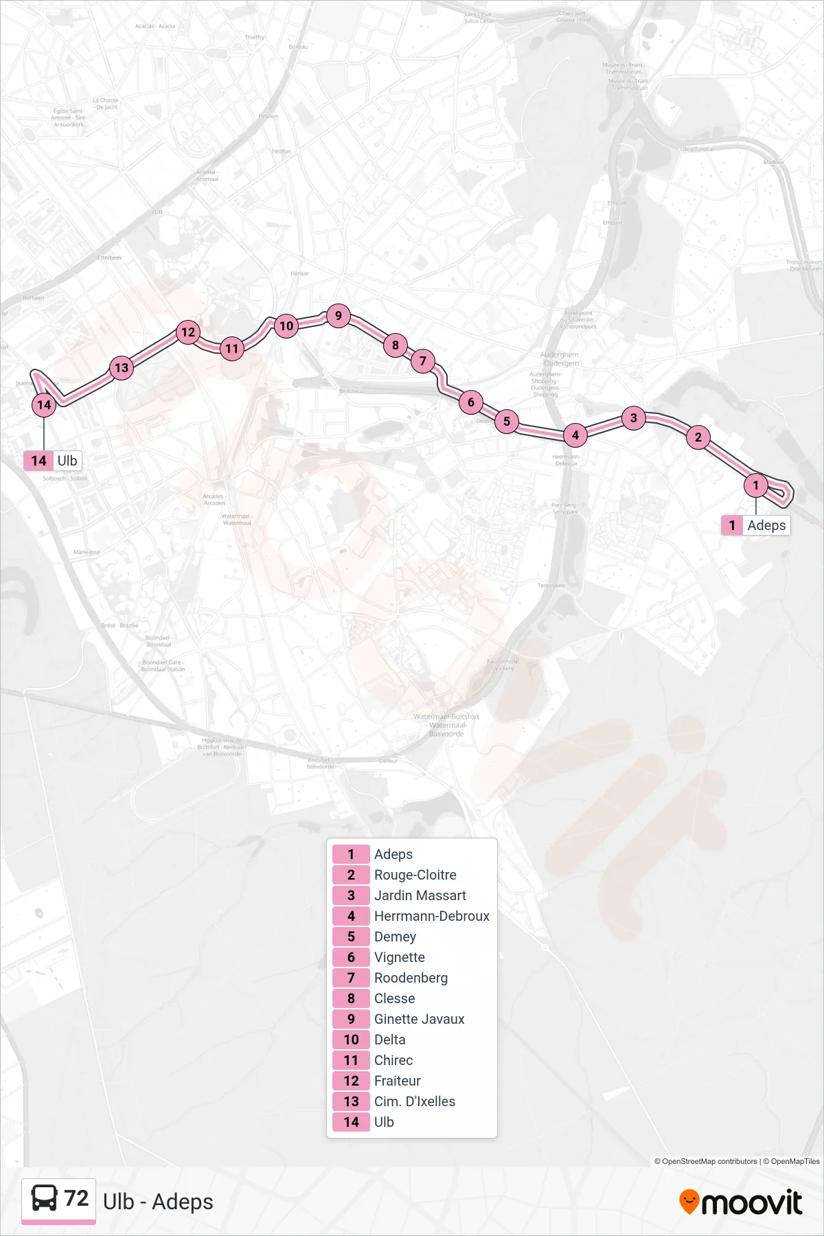 Lijn 72 (bus, Ulb): route en haltes op de kaart