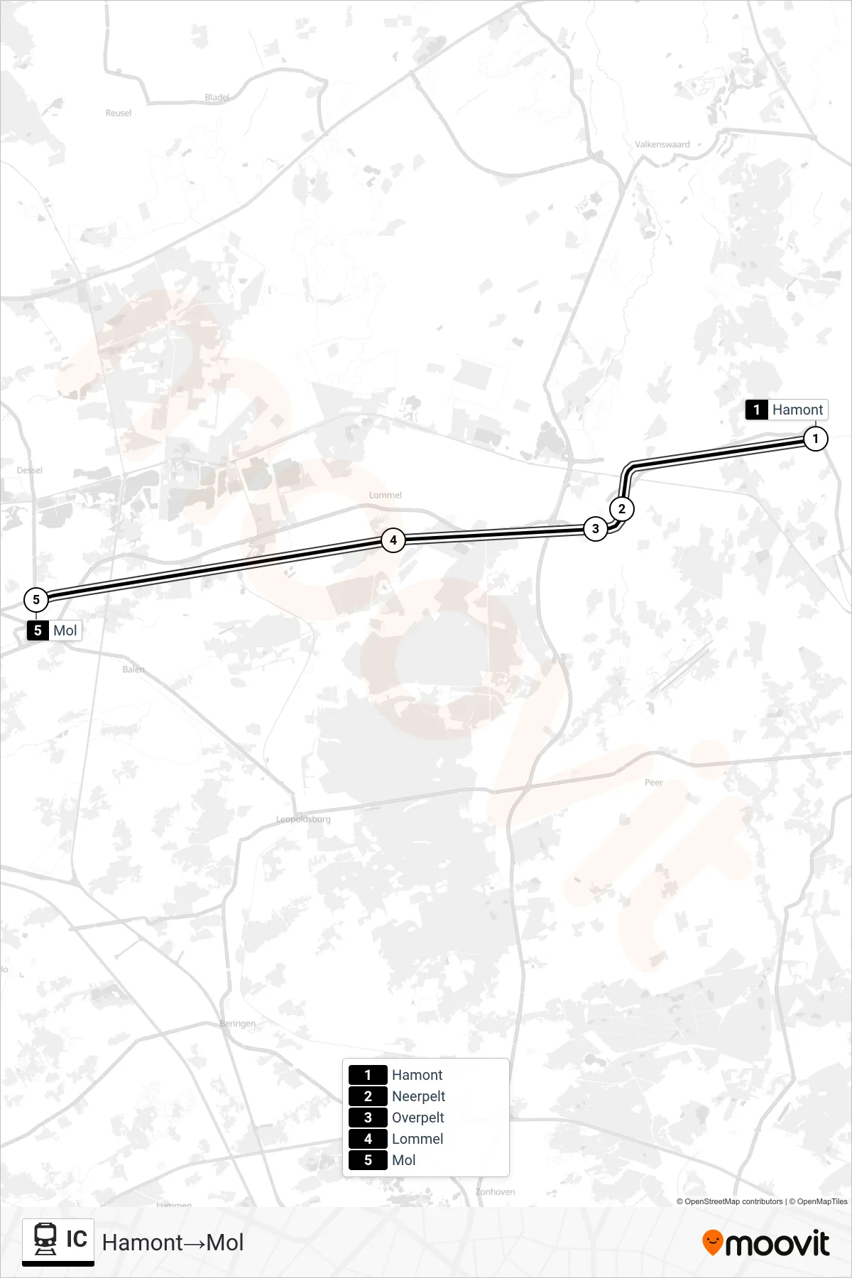 Lijn IC (trein, Hamont→Mol): route en haltes op de kaart