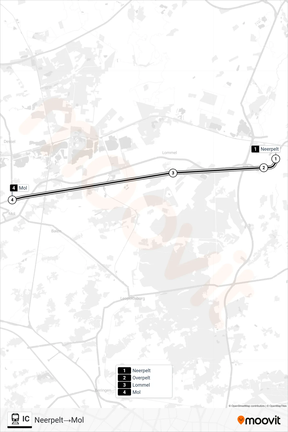 Lijn IC (trein, Neerpelt→Mol): route en haltes op de kaart