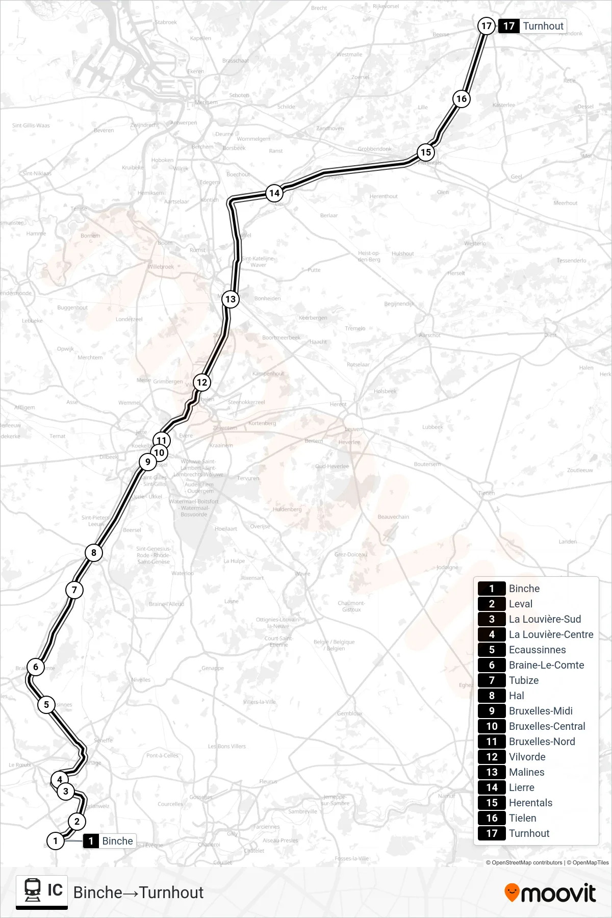 IC rail Line (Binche‎→Turnhout) route and stops on a map