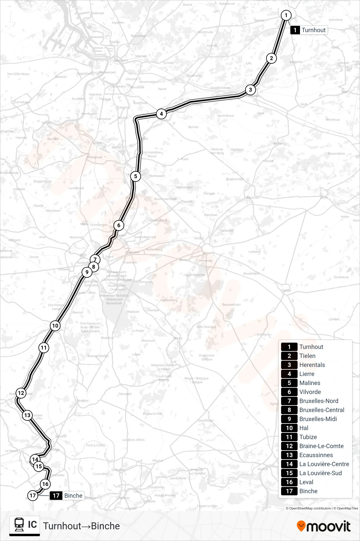 Lijn IC (trein, Turnhout→Binche): route en haltes op de kaart