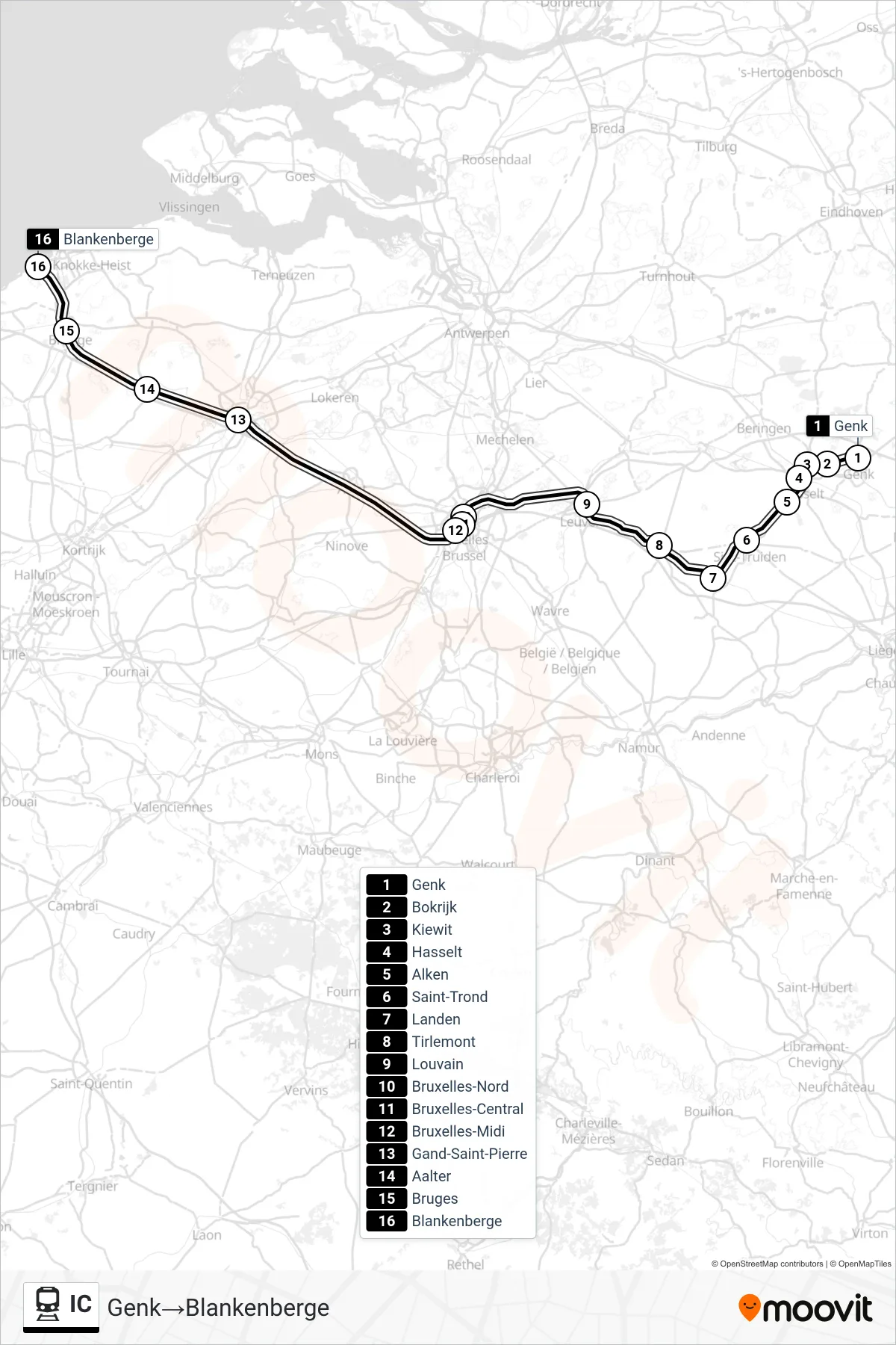 IC train Line (Genk→Blankenberge) route and stops on a map
