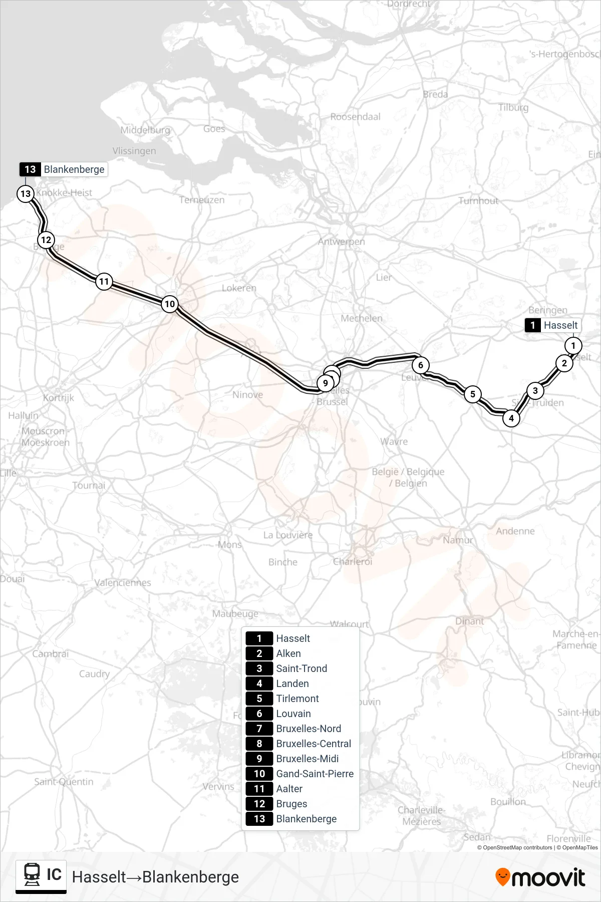 Lijn IC (trein, Hasselt‎→Blankenberge): route en haltes op de kaart