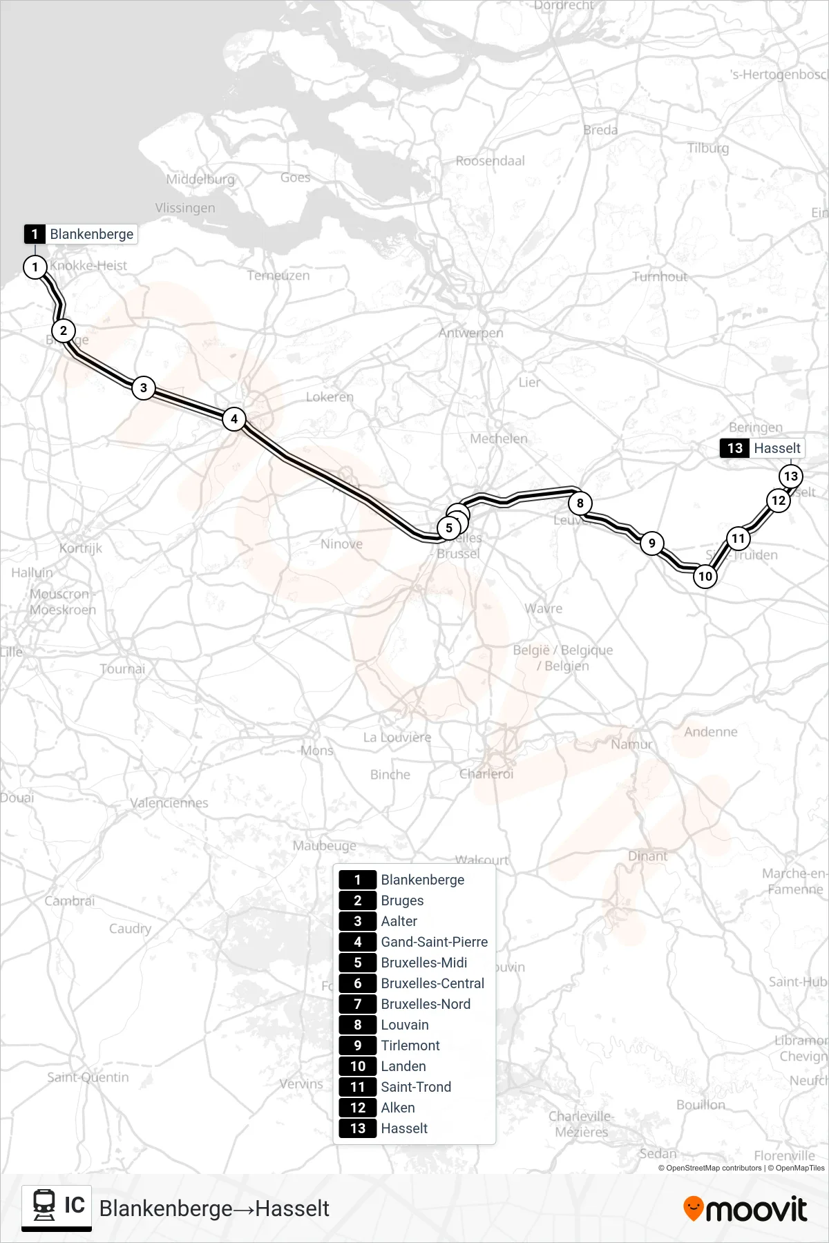 Lijn IC (trein, Blankenberge→Hasselt): route en haltes op de kaart