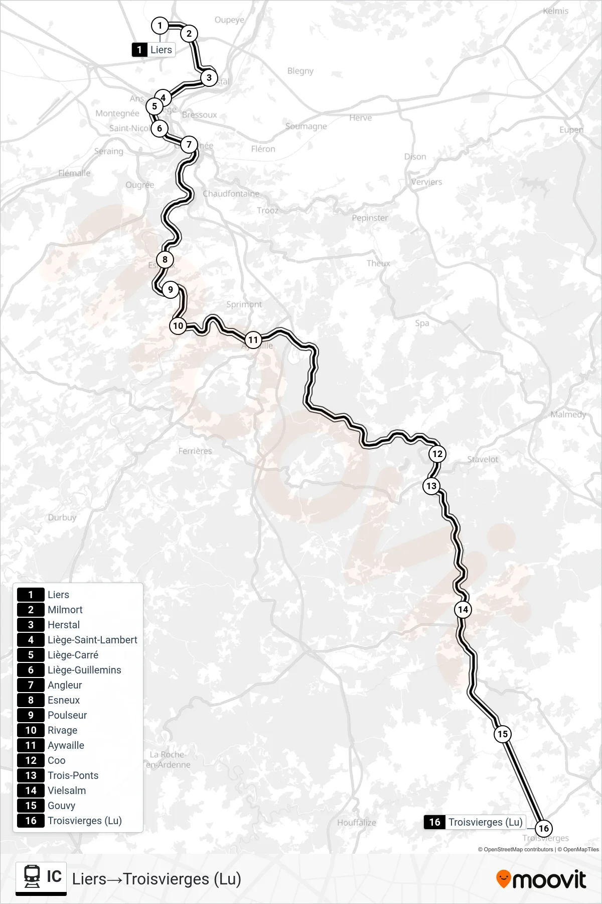 Lijn IC (trein, Liers→Troisvierges (Lu)): route en haltes op de kaart