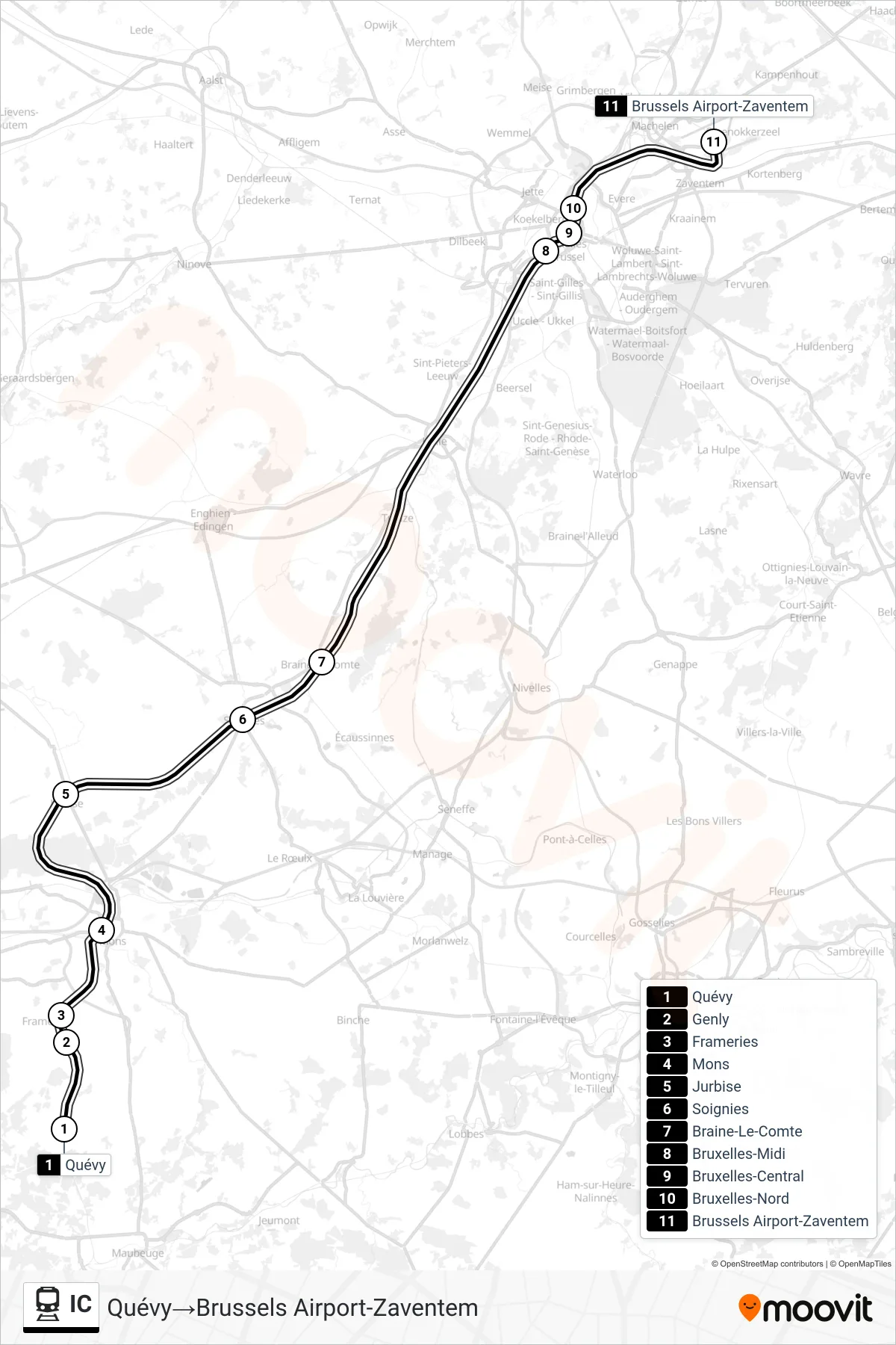 Lijn IC (trein, Quévy→Brussels Airport-Zaventem): route en haltes op de kaart