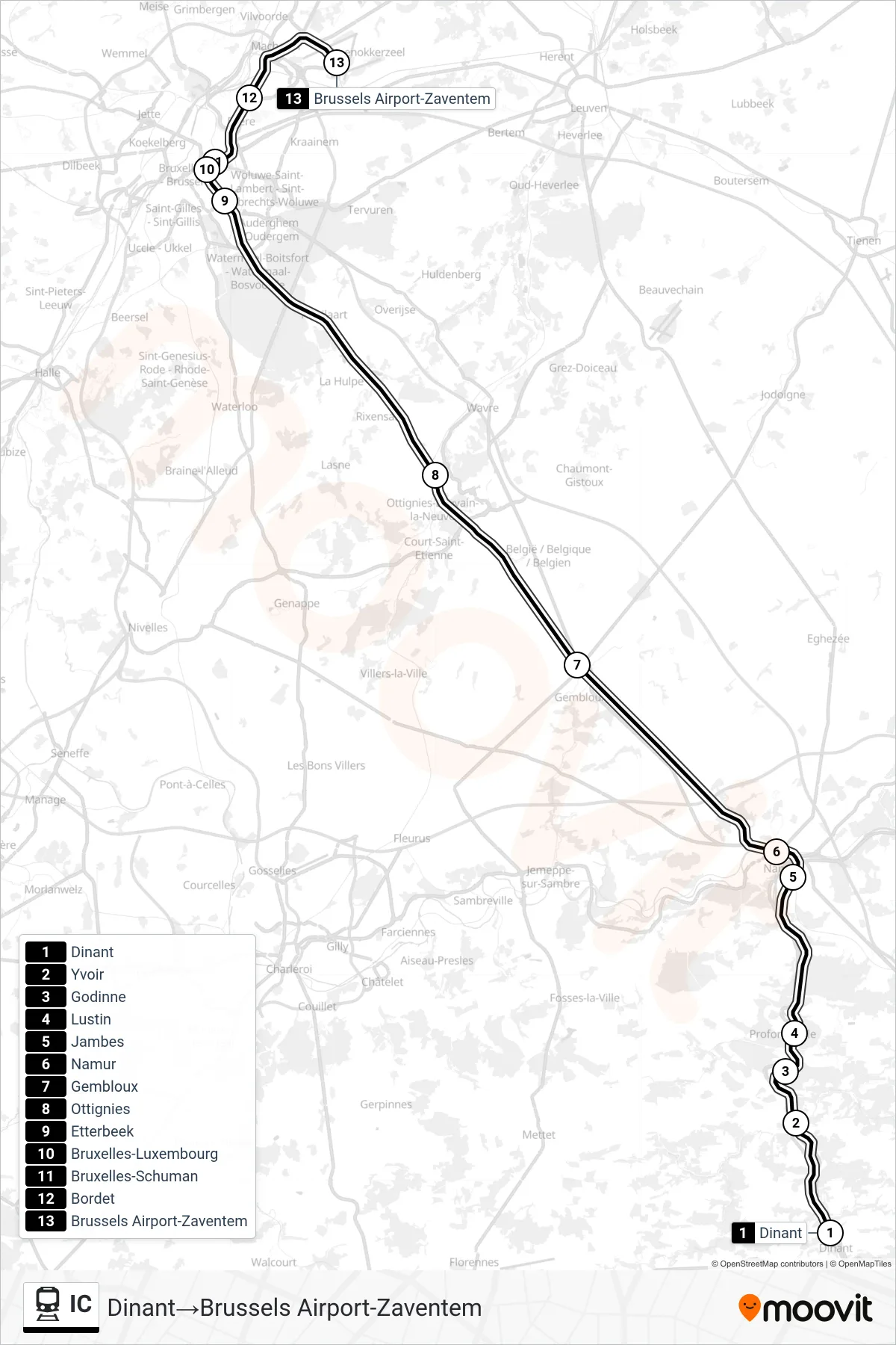 Lijn IC (trein, Dinant‎→Brussels Airport-Zaventem): route en haltes op de kaart