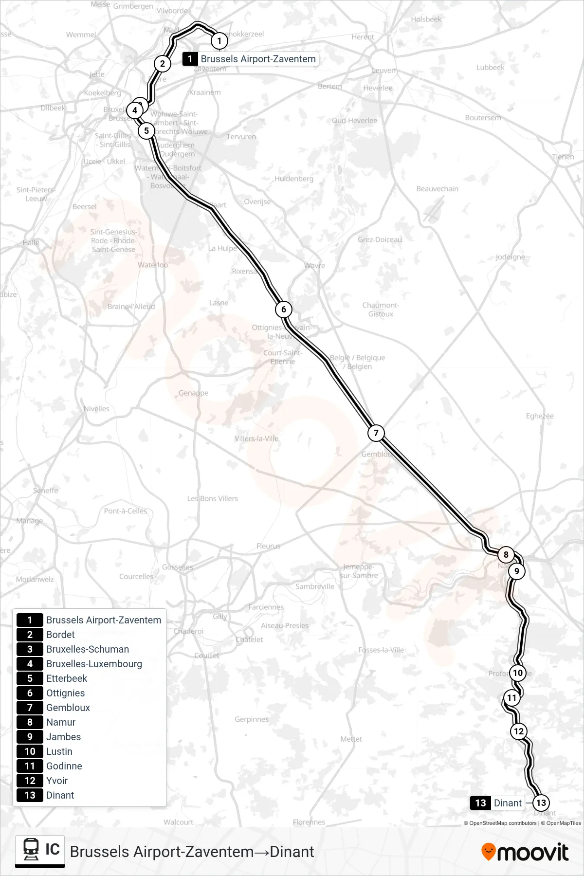 IC train Line (Brussels Airport-Zaventem→Dinant) route and stops on a map