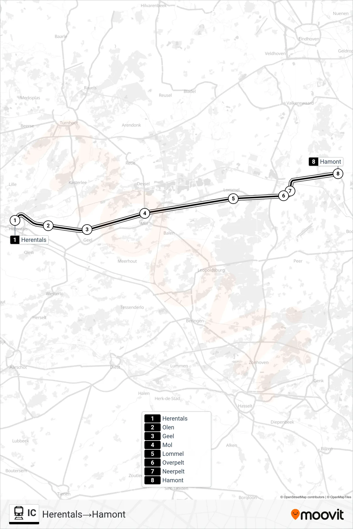 Lijn IC (trein, Herentals‎→Hamont): route en haltes op de kaart
