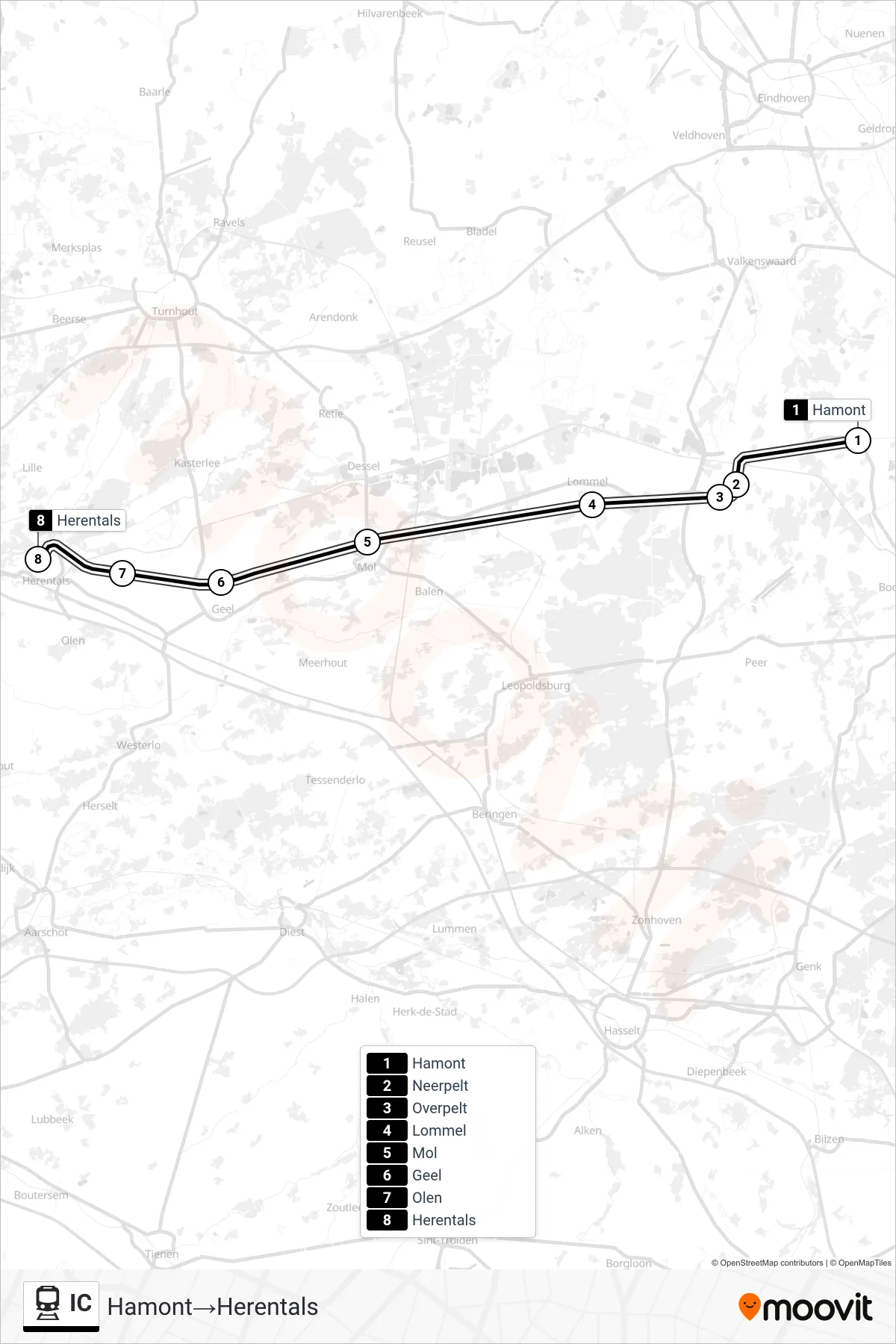 Lijn IC (trein, Hamont‎→Herentals): route en haltes op de kaart